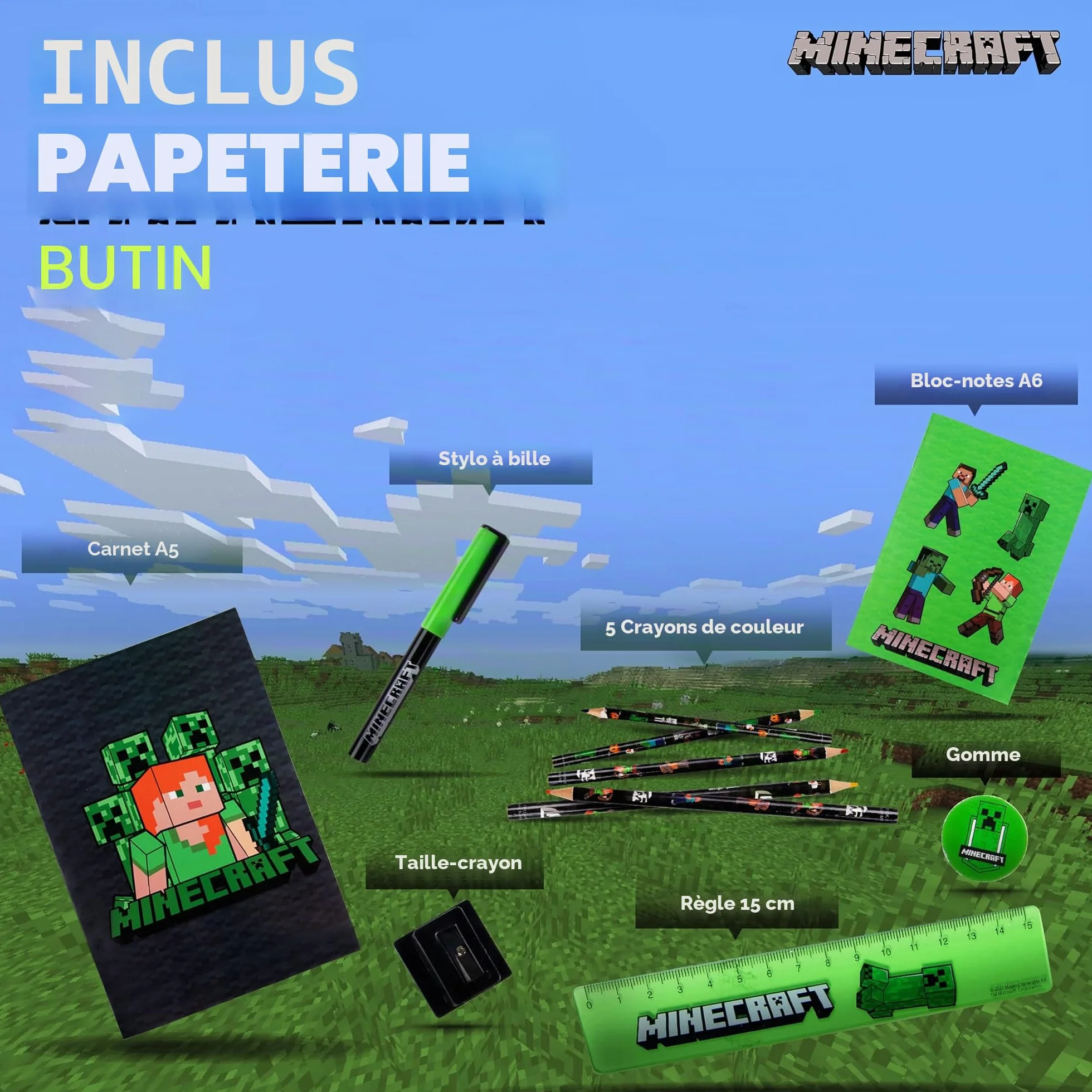Minecraft Kit de Fournitures Scolaires Enfant avec Trousse et Papeterie