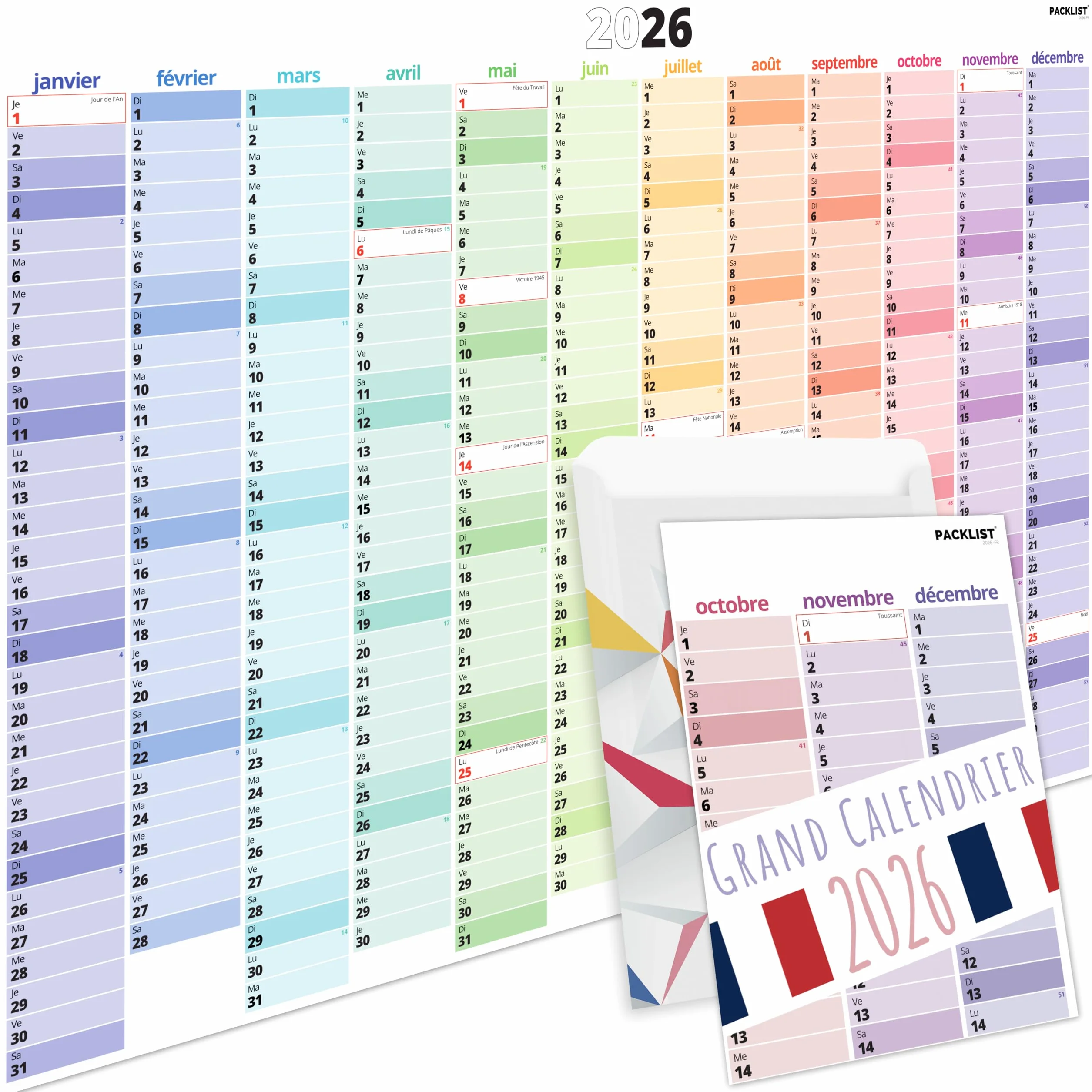 Grand Calendrier Mural 2026 XXL 84x60 cm Planificateur Annuel A1 avec Jours Fériés France Planning Familial Bureau