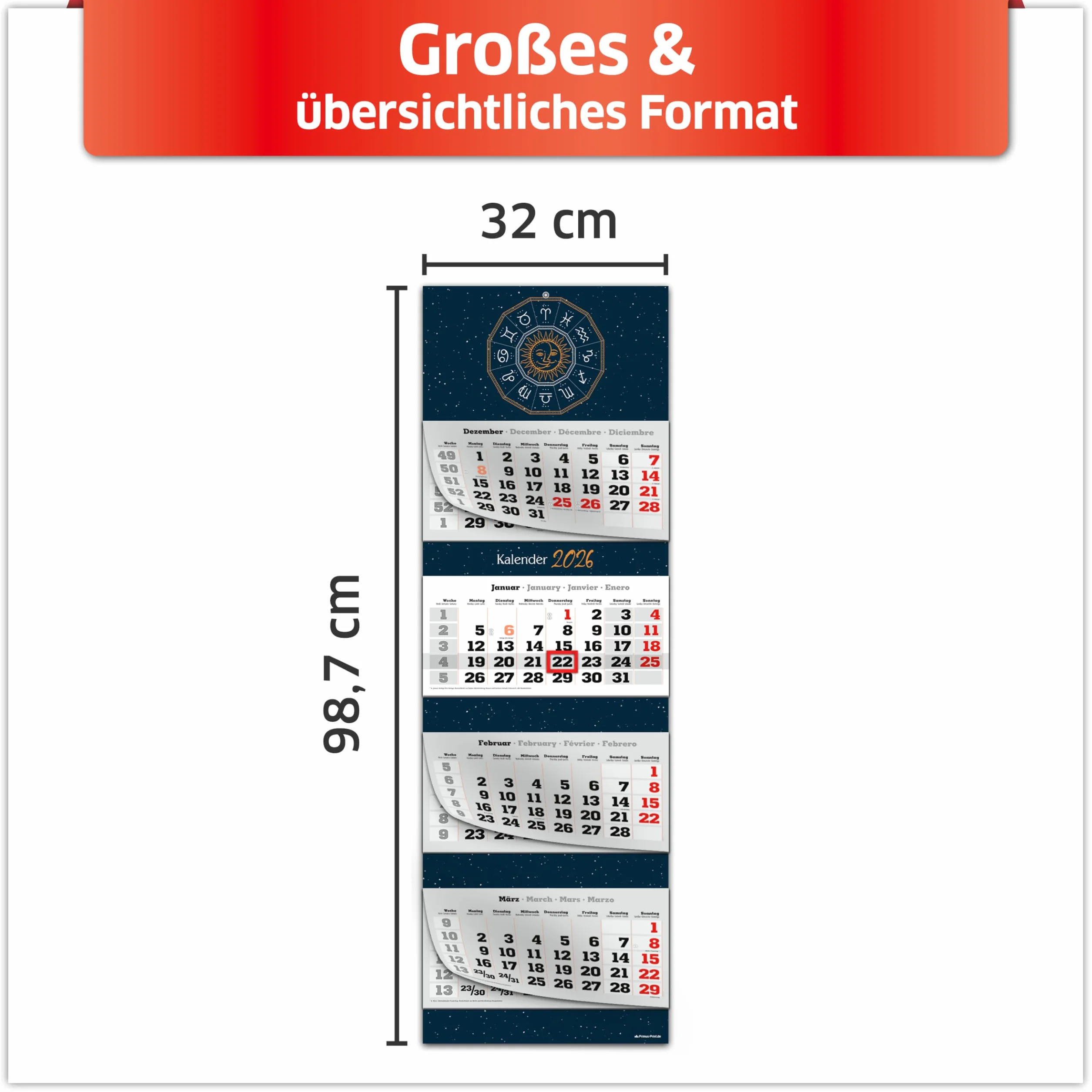 Primus Print Calendrier mural XXL 2026 4 mois avec curseur de date à suspendre jours fériés vacances motifs signe du zodiaque