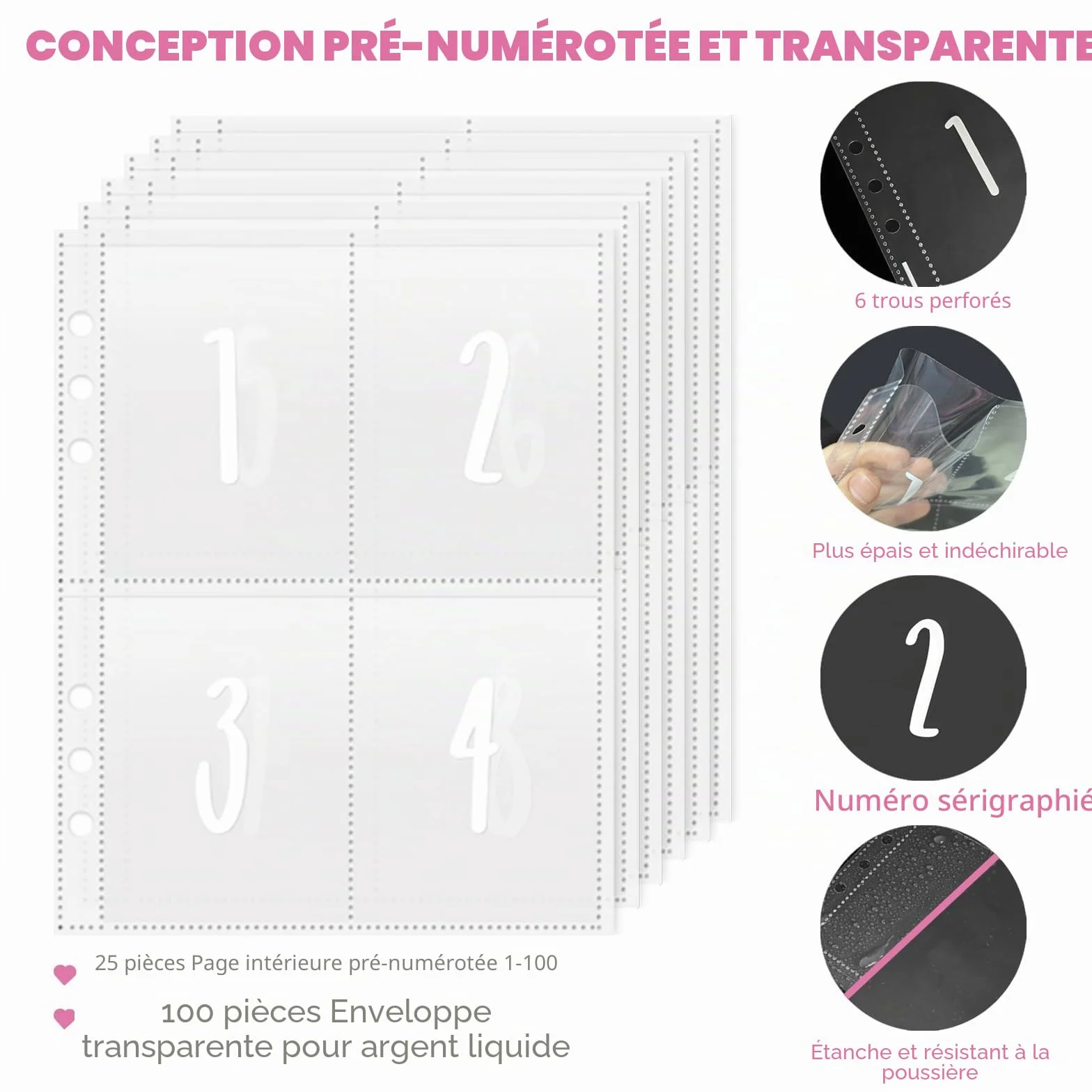Organisateur de Budget A5 avec Enveloppes Transparentes, Portefeuille pour Espèces, Rose