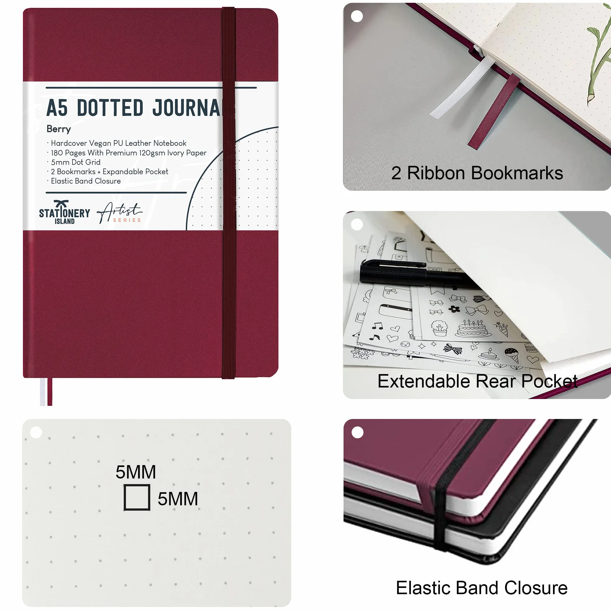 Carnet de Notes A5 Pointillé Berry Bullet Journal Relié Cartonné 180pg Papier 120 gsm