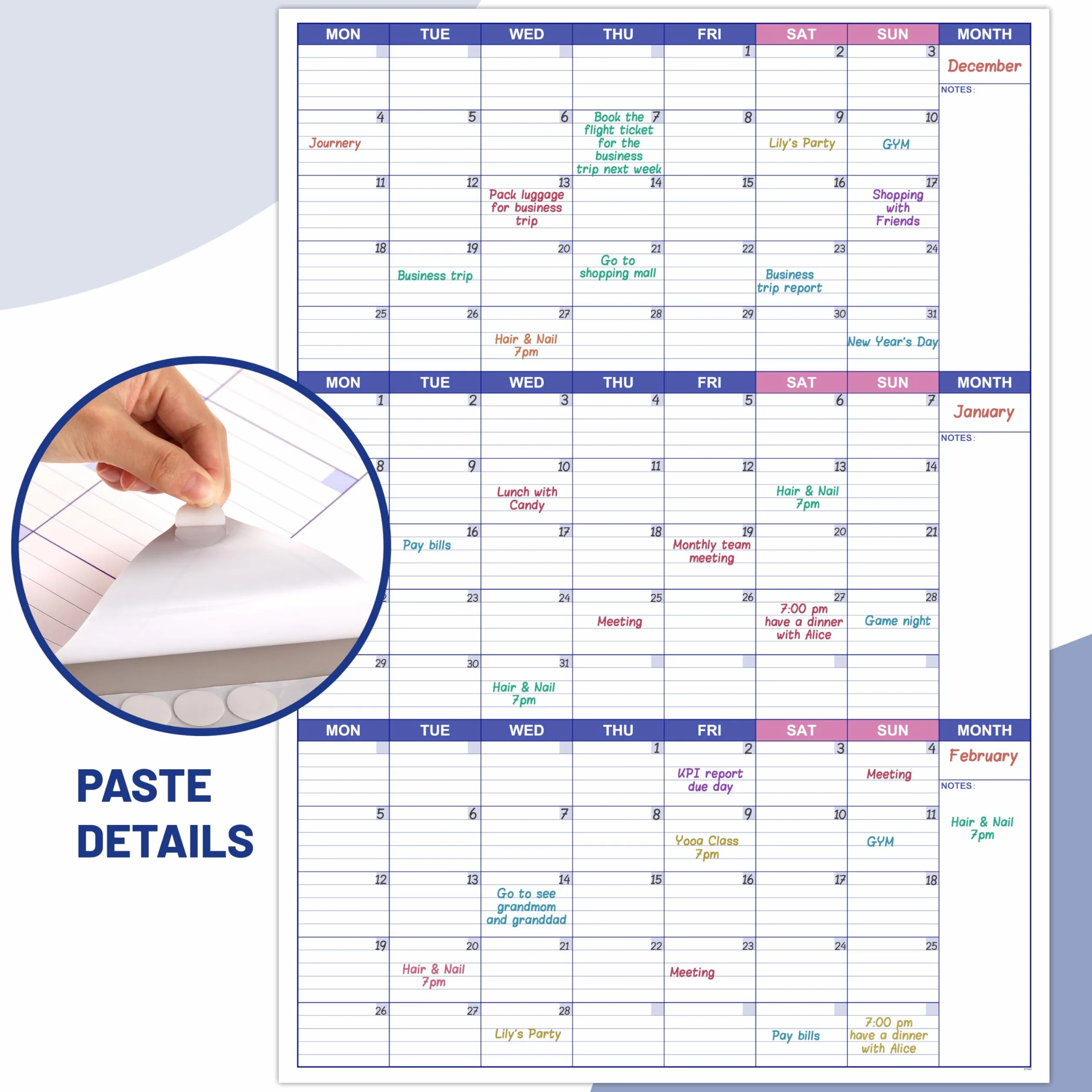 Grand calendrier mural non daté effaçable à sec réutilisable 101 x 73 cm planificateur trois mois organisateur objectifs tâches maison bureau