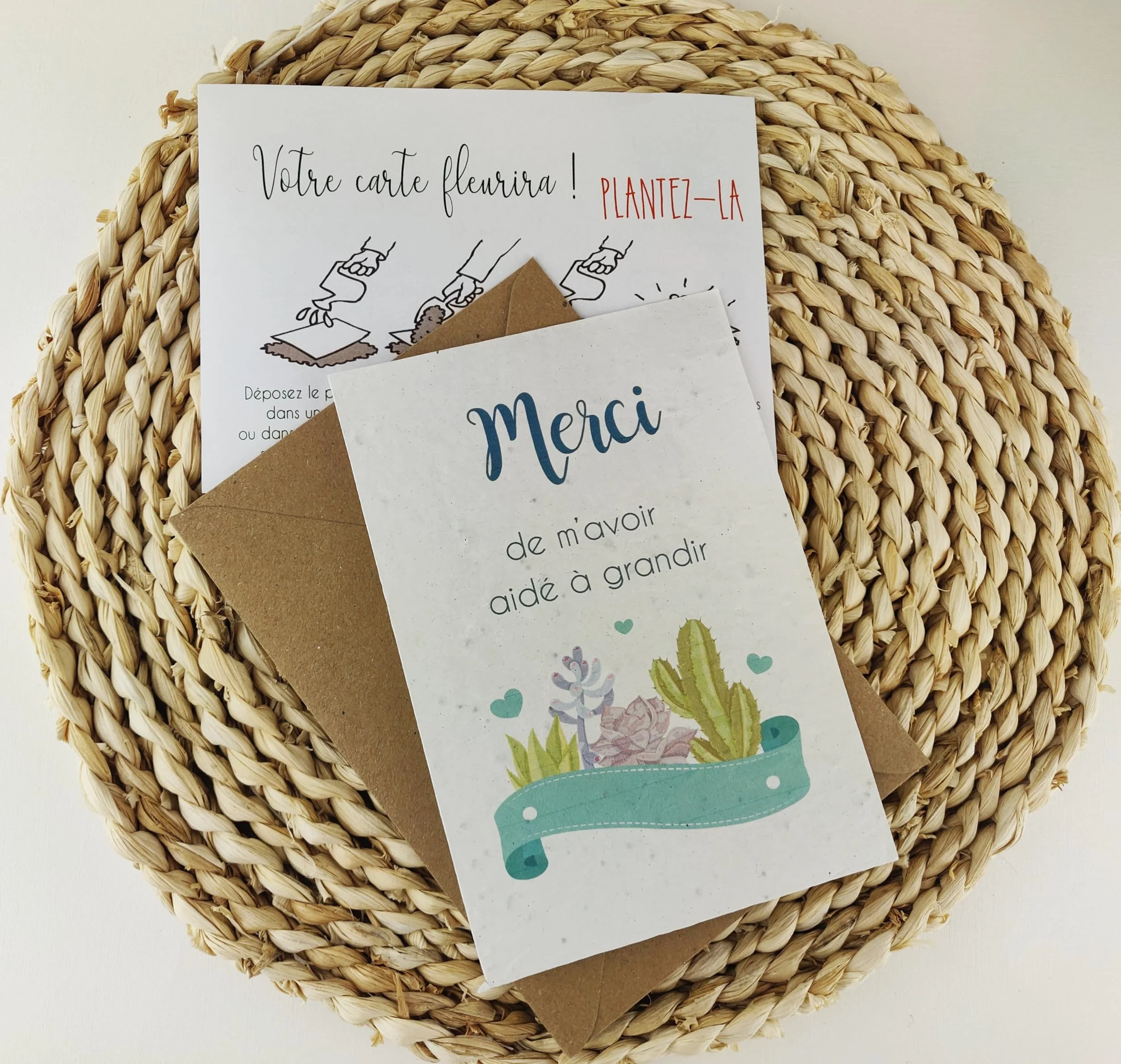 Carte à planter merci nounou, maitresse, atsem, papier ensemencé