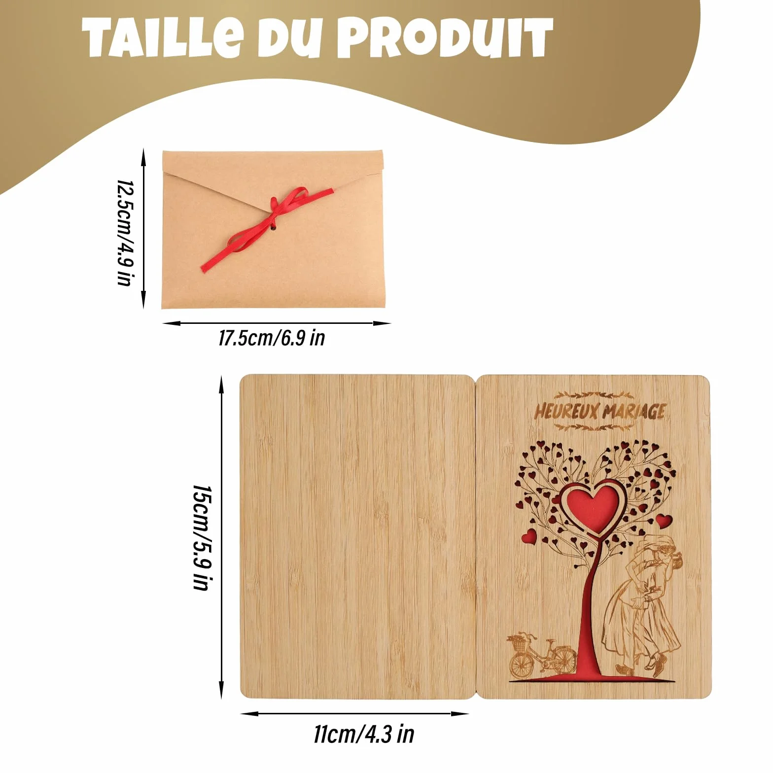 Carte Mariage en Bois avec Enveloppe 10x15 cm Cœur Cadeau Mariage Félicitation