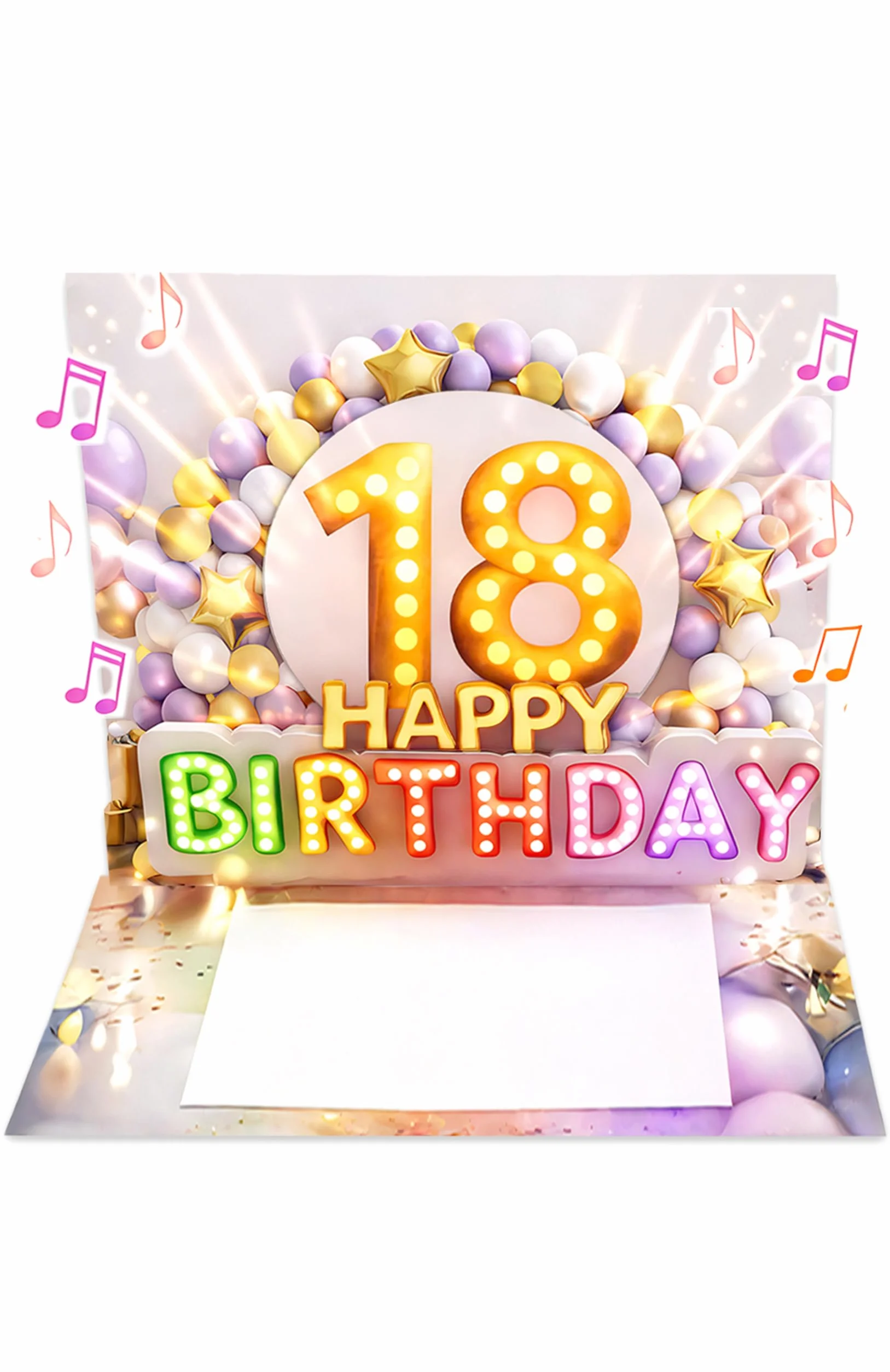 Carte anniversaire 18 ans pop up 3D avec musique et lumière – pour fille, enveloppe et autocollant sceau – 20 x 15 cm