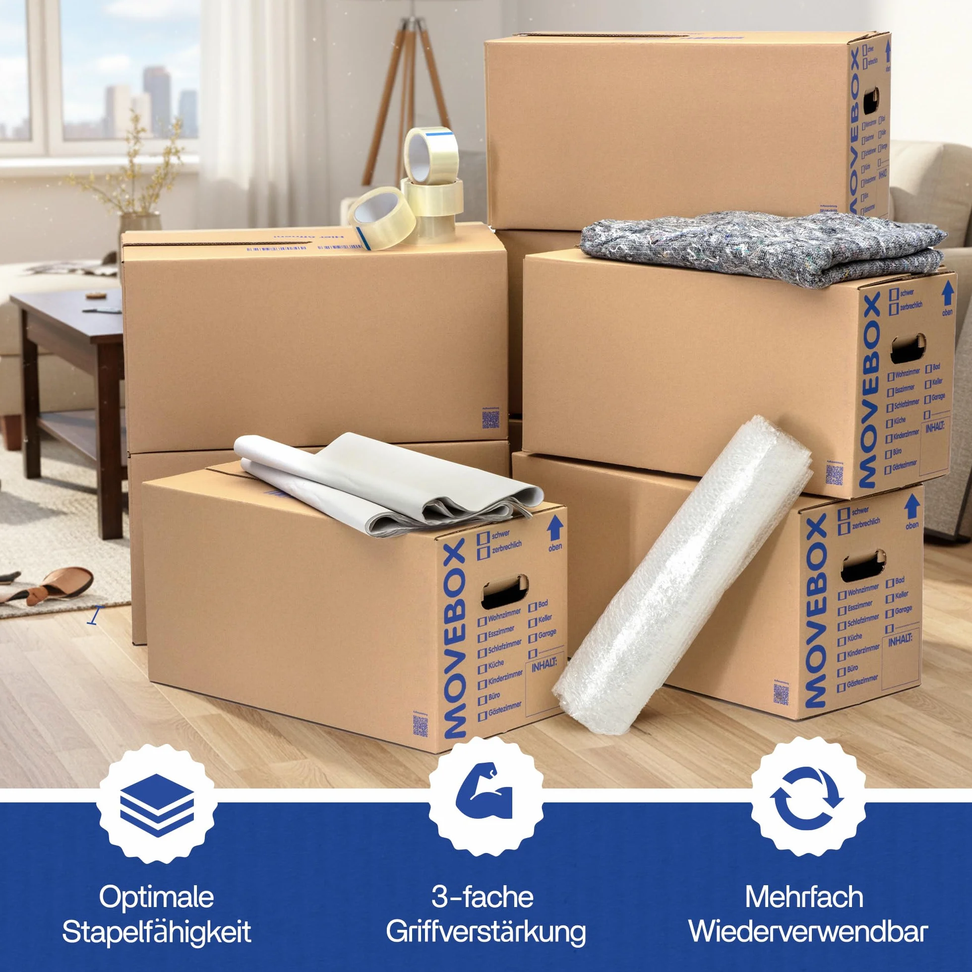 Boîtes carton déménagement stockage 634x290x326 mm 40 kg capacité charge avec poignées réutilisables