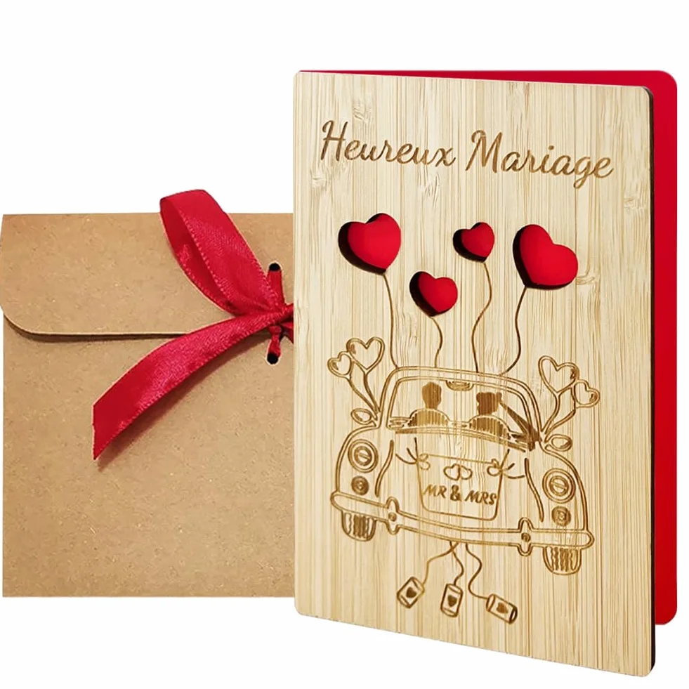 Carte de Vœux Mariage en Bois Originale avec Enveloppe, Carte Félicitation Mariage