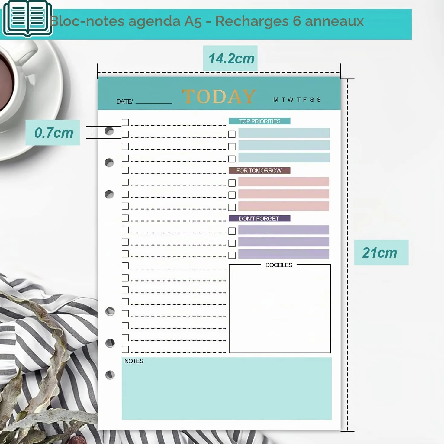 A5 Rechargeable Daily Planner 3 Paquets 150 Feuilles To Do List Non Daté Vert