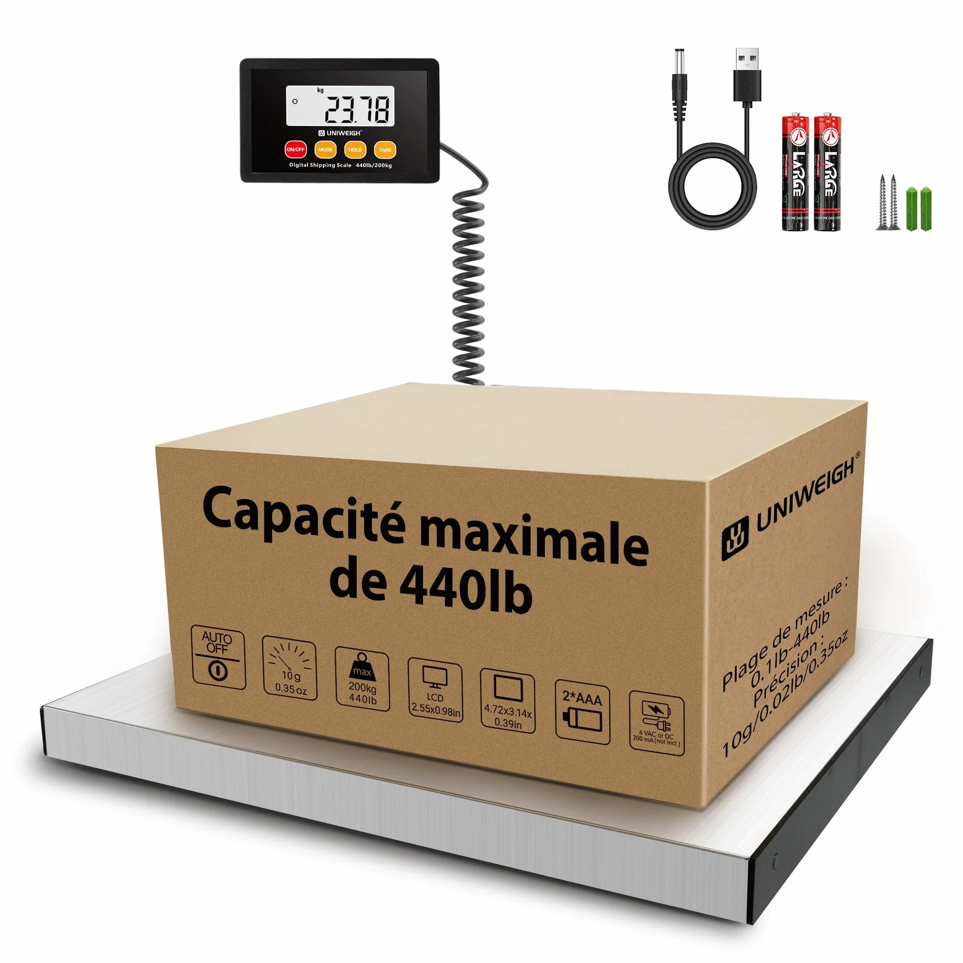 UNIWEIGH Balance Colis Postale Numérique 440lb x 10g, Plateaux en acier Inoxydable, Pese Colis avec affichage Hold/Tare/LCD