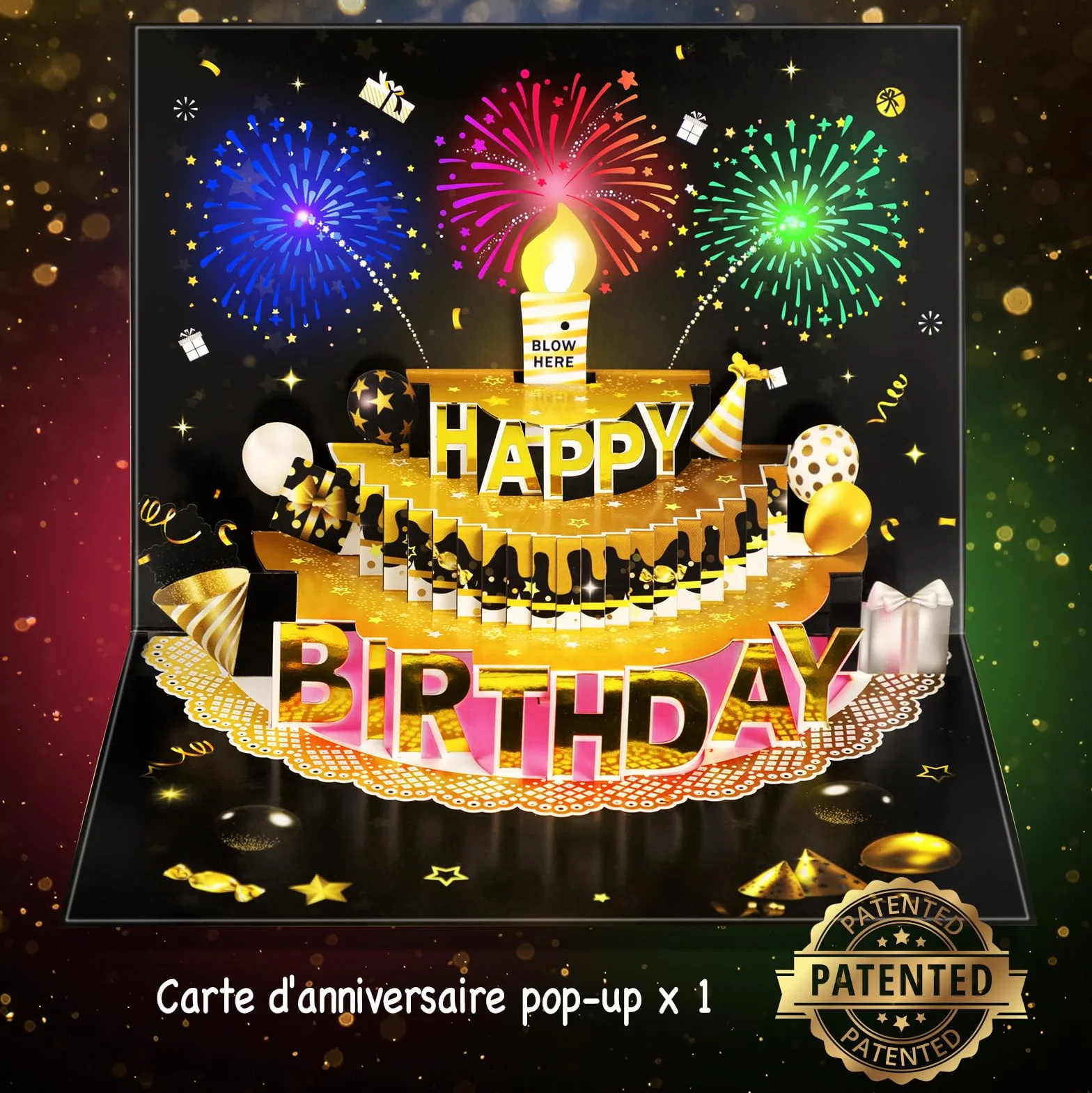 Carte d'anniversaire pop-up 3D avec lumières et son, bougie LED soufflée, carte musicale chantante Noir et doré