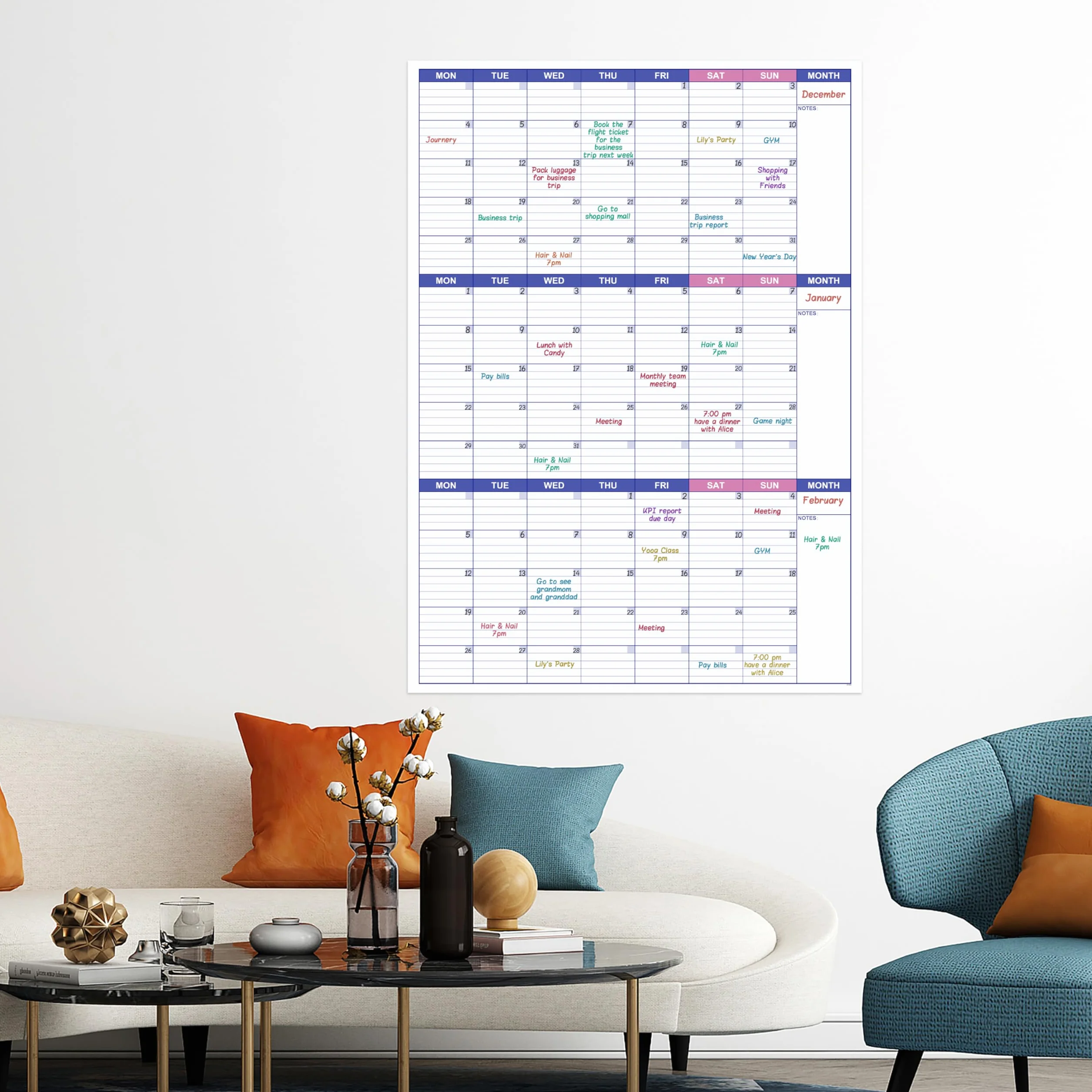 Grand calendrier mural non daté effaçable à sec réutilisable 101 x 73 cm planificateur trois mois organisateur objectifs tâches maison bureau
