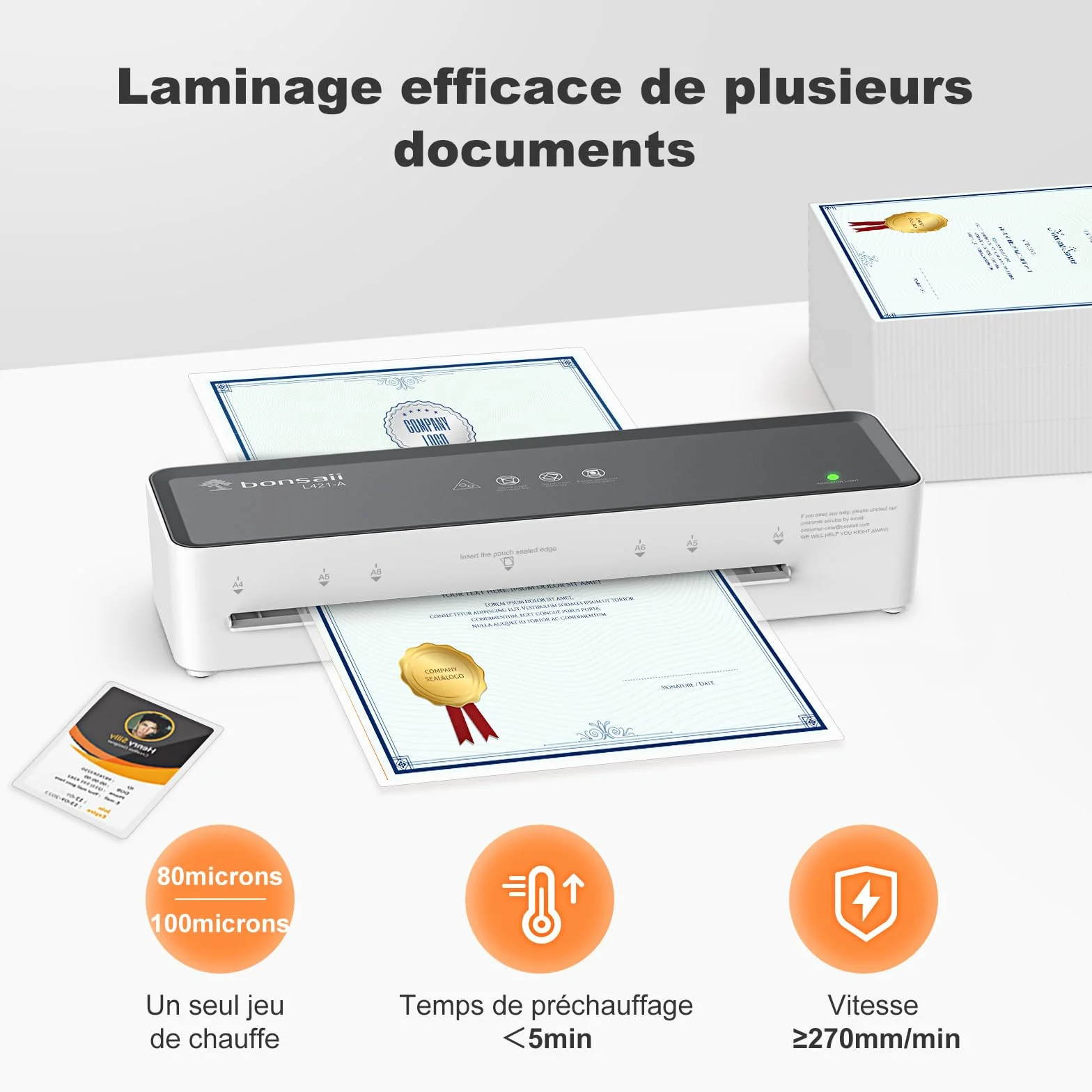 Bonsaii Plastifieuse A4 L421-A, 80-100 microns, anti-bourrage, 5 films inclus