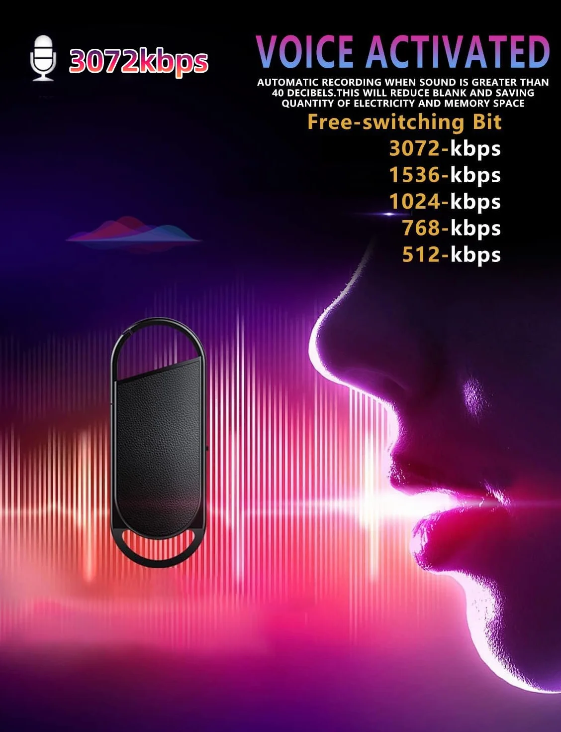 Enregistreur Vocal 64 Go 750 Heures 30h Enregistrement Continu Dictaphone Réunions Entretiens