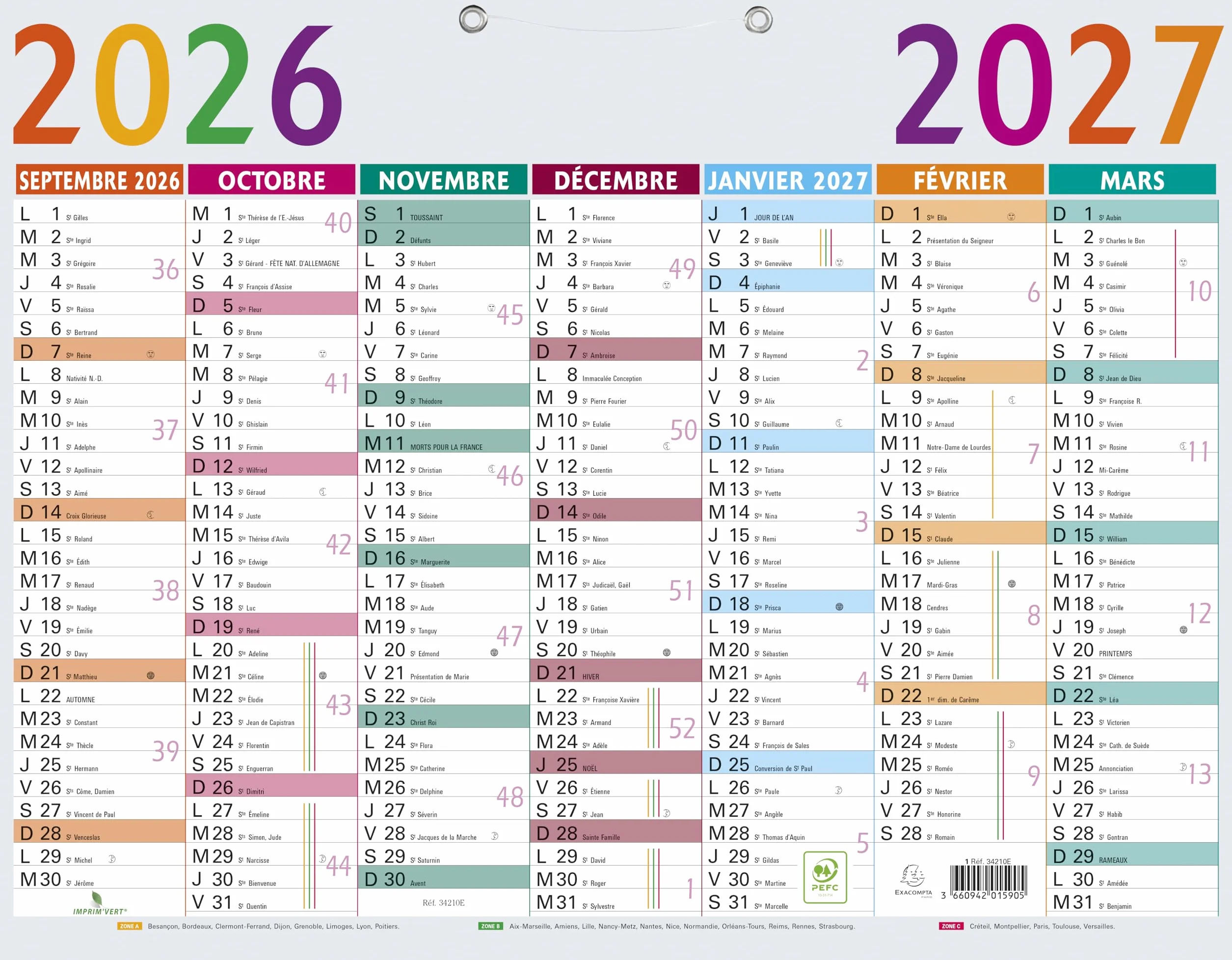 Exacompta Calendrier Multicolore 43 x 33,5 cm Septembre 2026/2027
