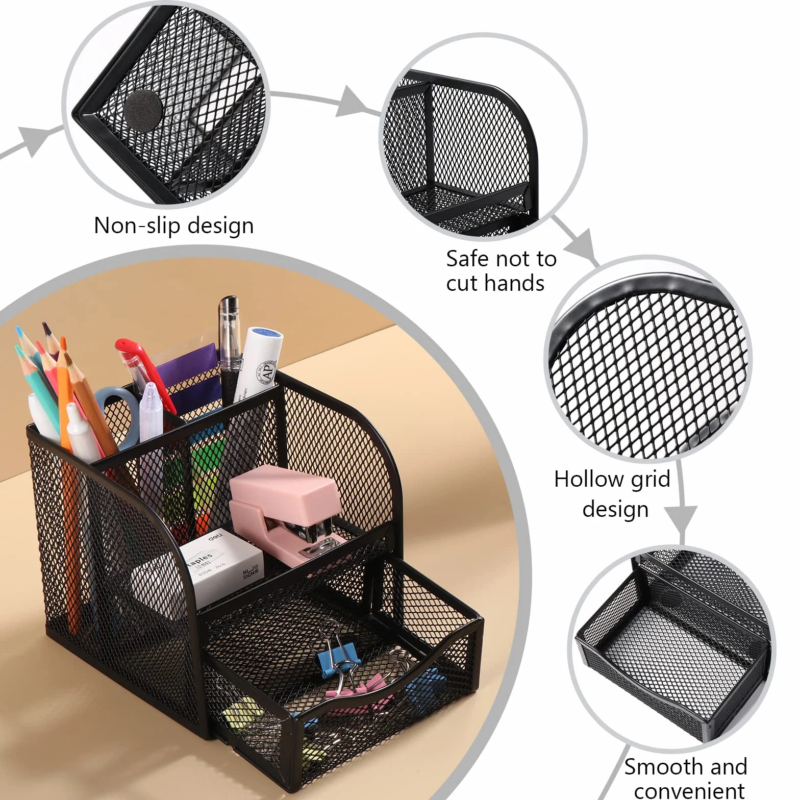 Vinabo Organisateur de Bureau en Filet Métallique, Pot à Crayon avec 4 Compartiments de Tri et Tiroir Coulissant