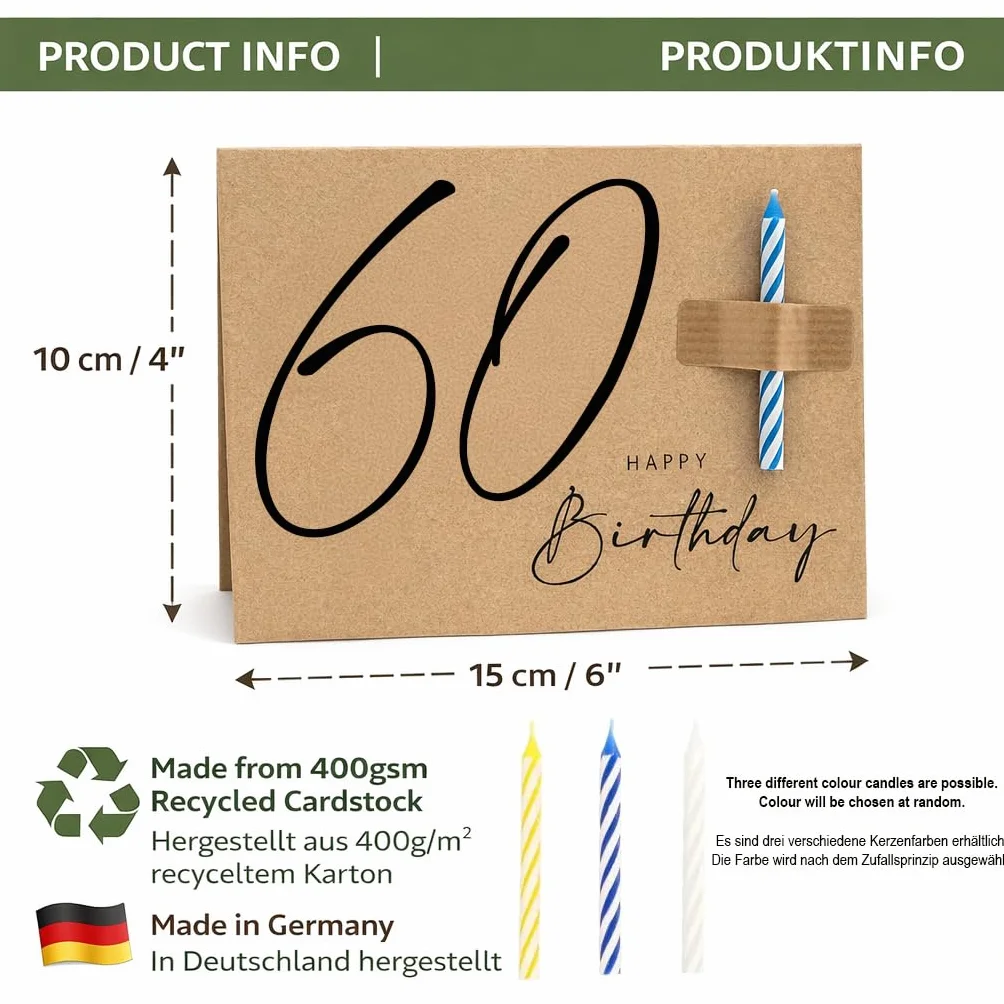 Carte d'anniversaire 60e anniversaire avec bougie – Carte pliante A6 en carton recyclé 400g, enveloppe kraft