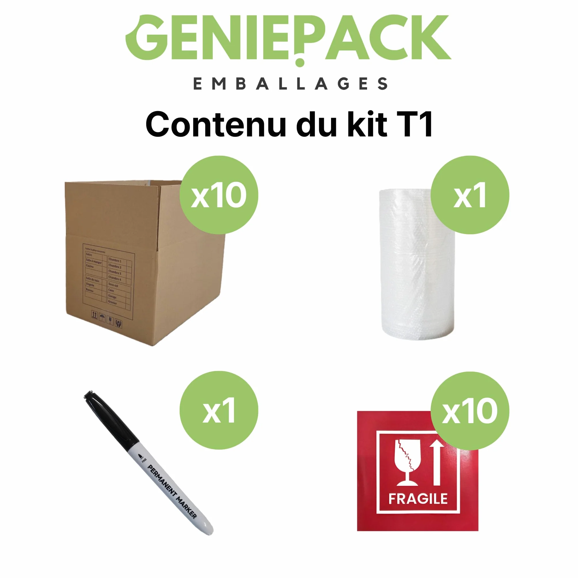 Kit Déménagement T1 Complet – 10 Cartons 54L Renforcés 4mm + Rouleau Bulle 50cm x 20m + Feutre + 10 Étiquettes Fragile – Pack Studio & Étudiant