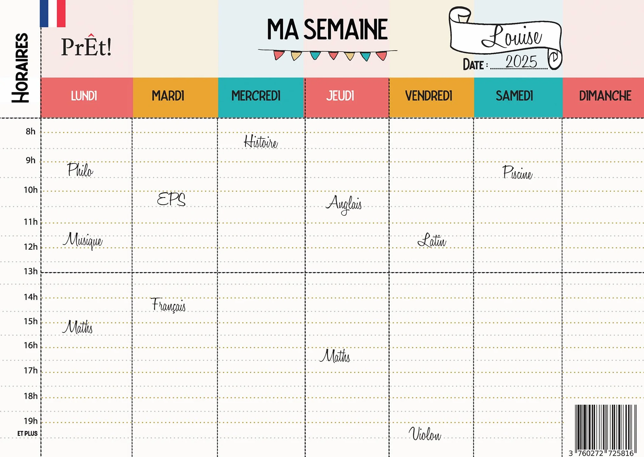 Emploi du Temps Scolaire Semainier Famille A3 | Tableau Hebdomadaire Mural à Compléter | Organisation Enfants Parents Recto-Verso