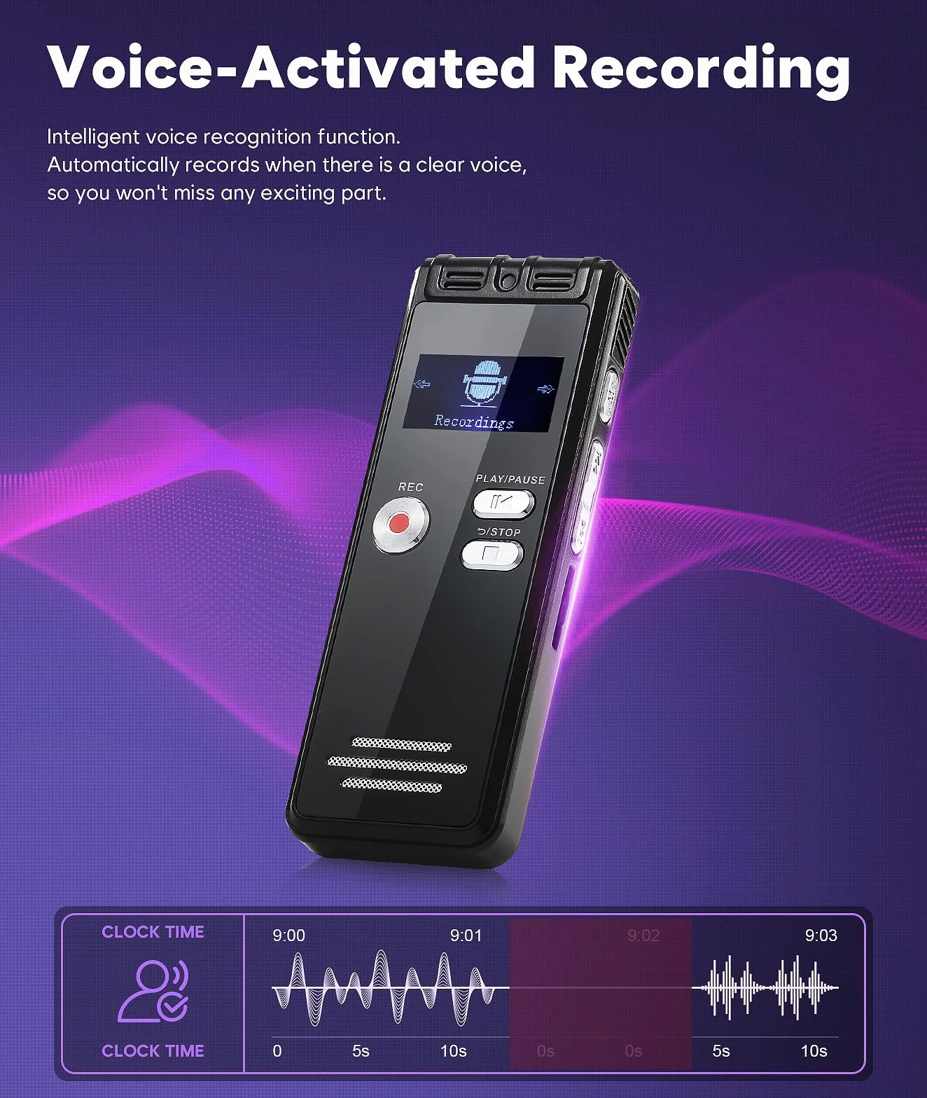 Dictaphone 64G 1536 kbps Enregistreur Vocal Numérique Type-C One-Touch HD Dual MIC