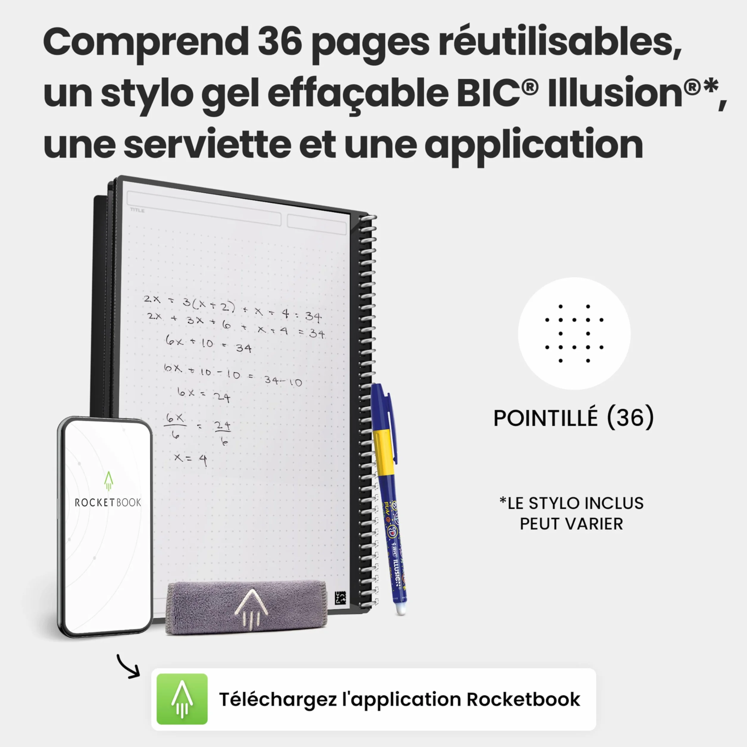 Rocketbook Core Carnet de Notes Réutilisable Taille Letter 21 cm x 29,7 cm Noir Pointillé Connecté à l'Application Effaçable
