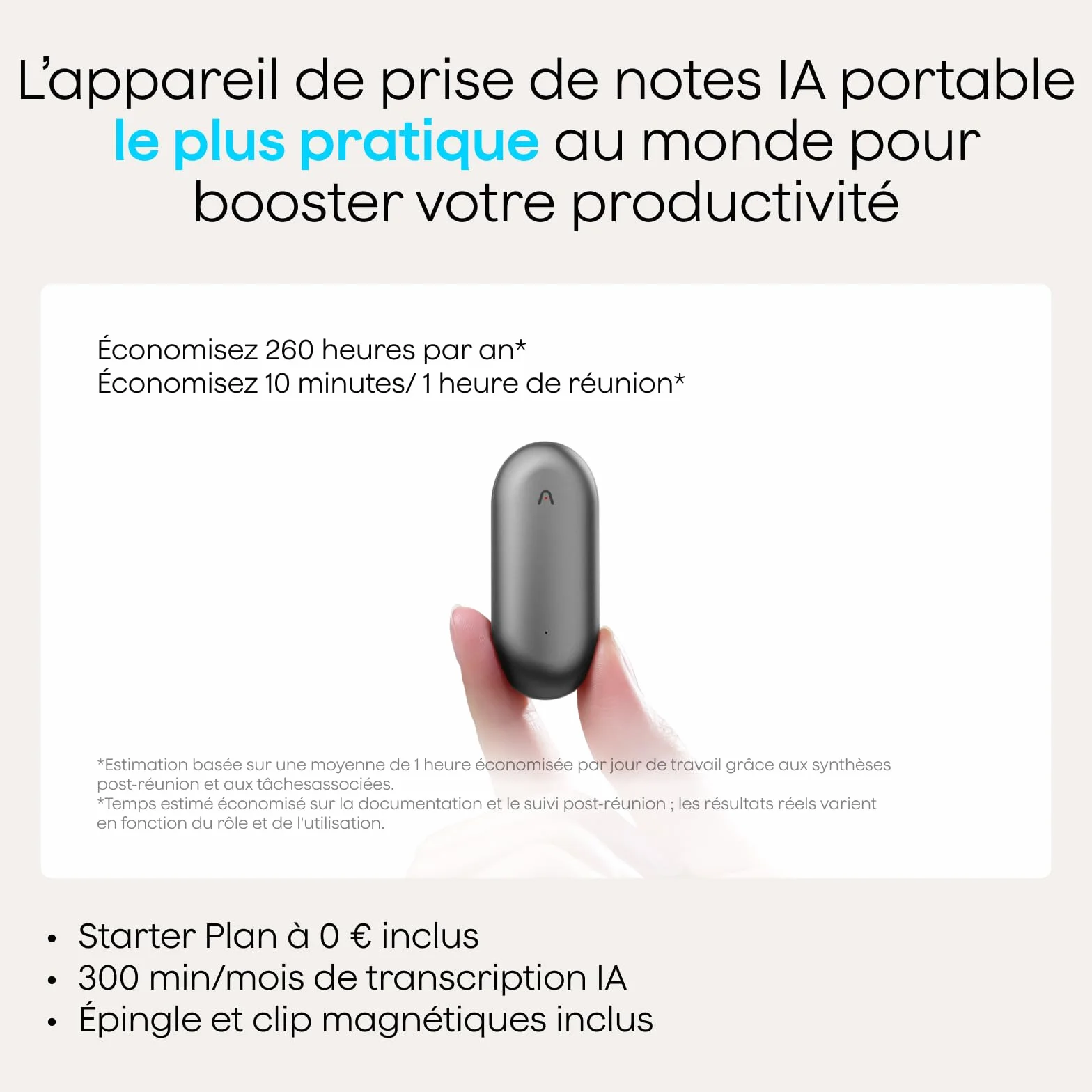 Plaud NotePin Enregistreur Vocal IA 64Go Dictaphone Transcription Résumé Compatible 112 Langues Gris