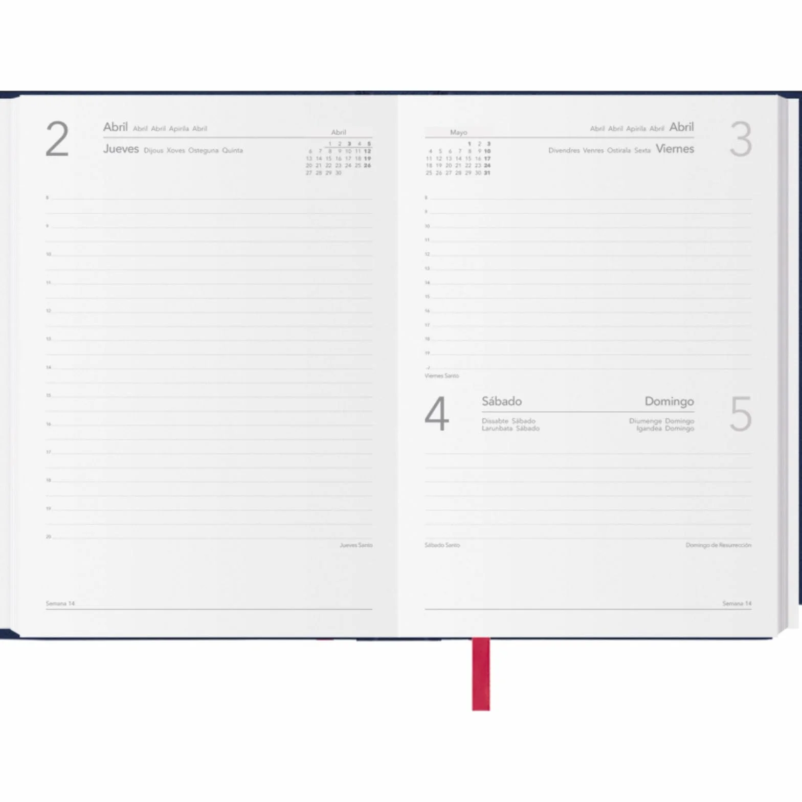 Agenda 2026 Jour par Page A5 14x20 cm Couverture Rigide 12 Mois Janvier à Décembre Planificateur Annuel Espagnol Marque-Page Síntex Bleu