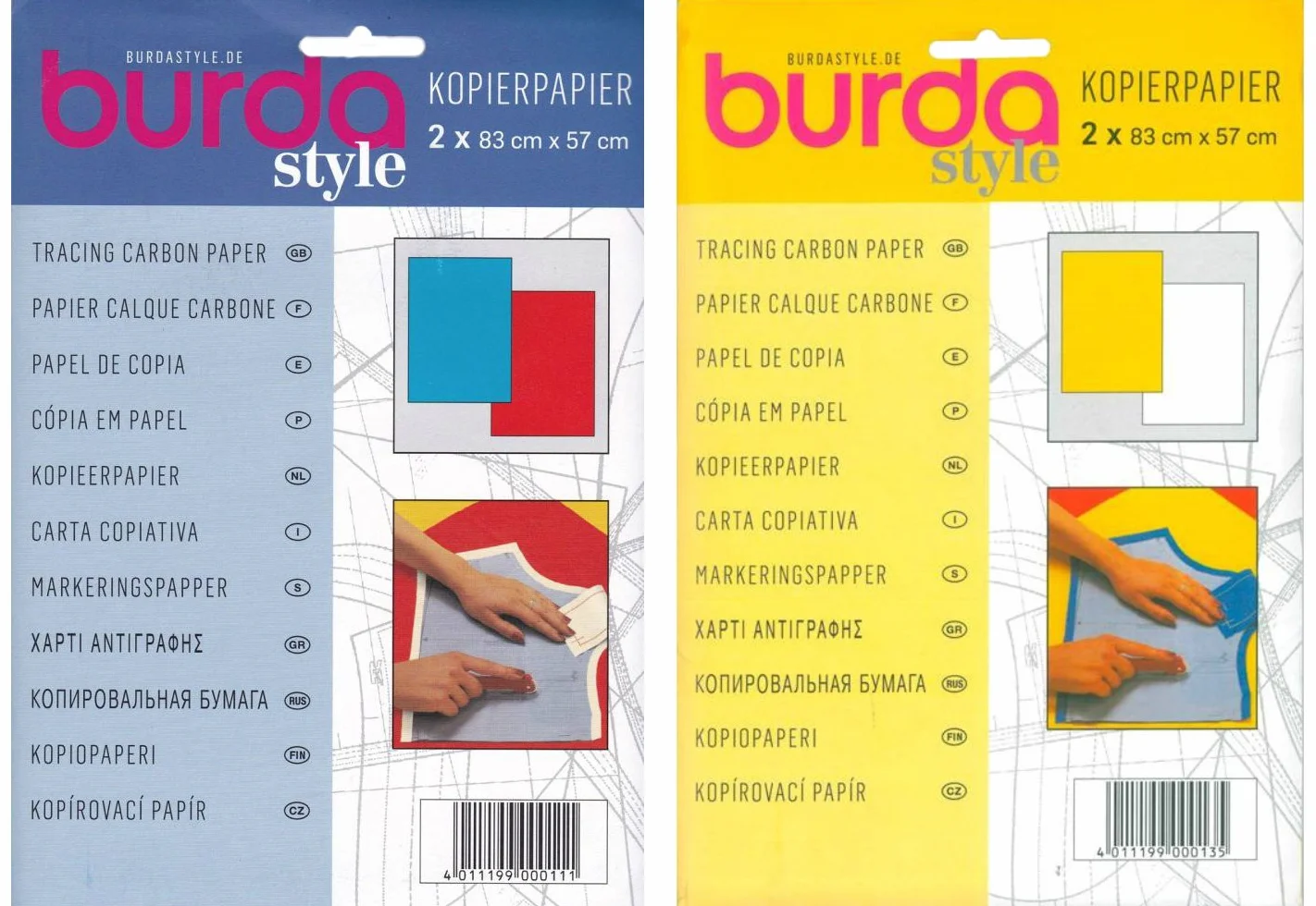 Papier carbone Burda bleu rouge jaune blanc Lot de 2