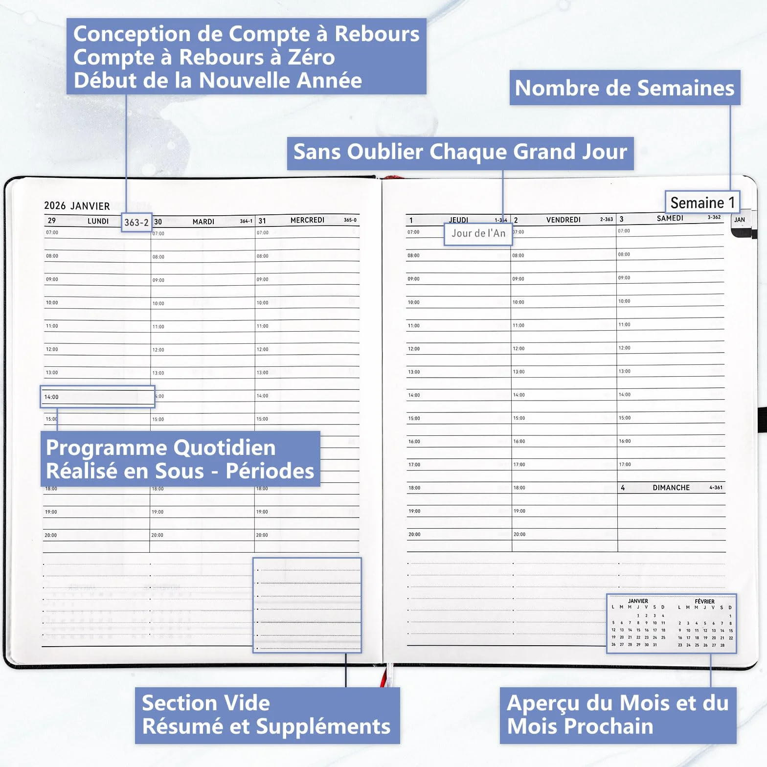 Agenda 2026 Semainier A4 Français Noir, Weekly Planner Horizontal Organiseur Hebdomadaire Professionnel Grand Format