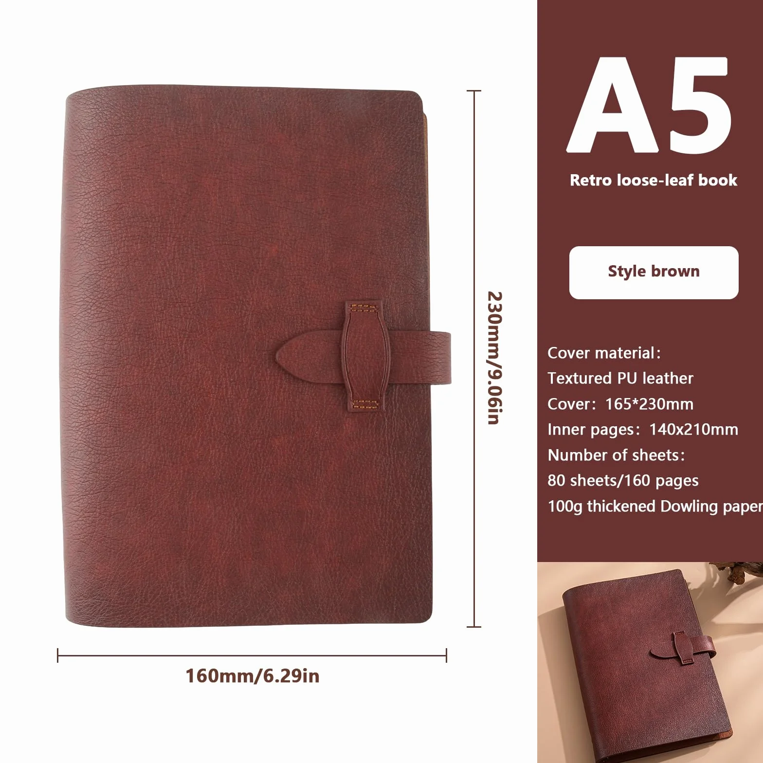 Carnet en Cuir A5 Rechargeable Vaskula 23x16cm avec Classeur Métallique à 6 Anneaux