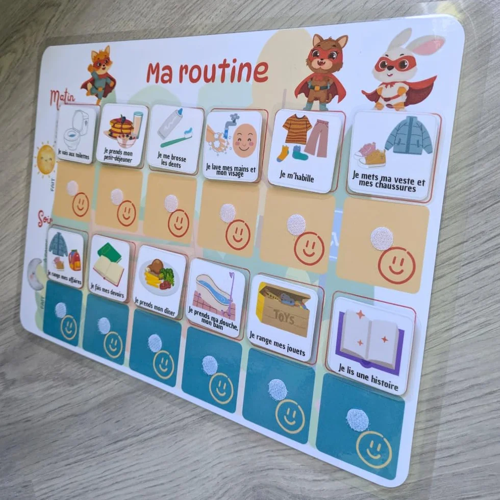 Tableau routine enfant Super-héros – Planning matin et soir – Calendrier tâches rituels – 30 étiquettes