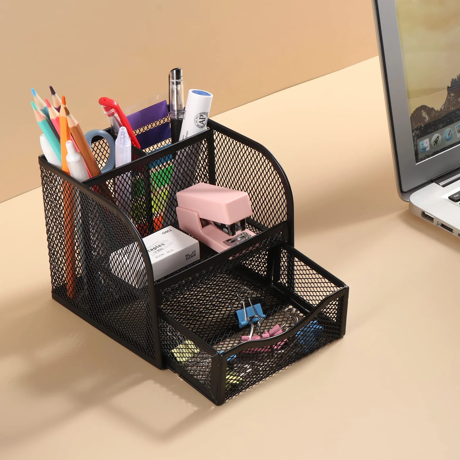 Vinabo Organisateur de Bureau en Filet Métallique, Pot à Crayon avec 4 Compartiments de Tri et Tiroir Coulissant