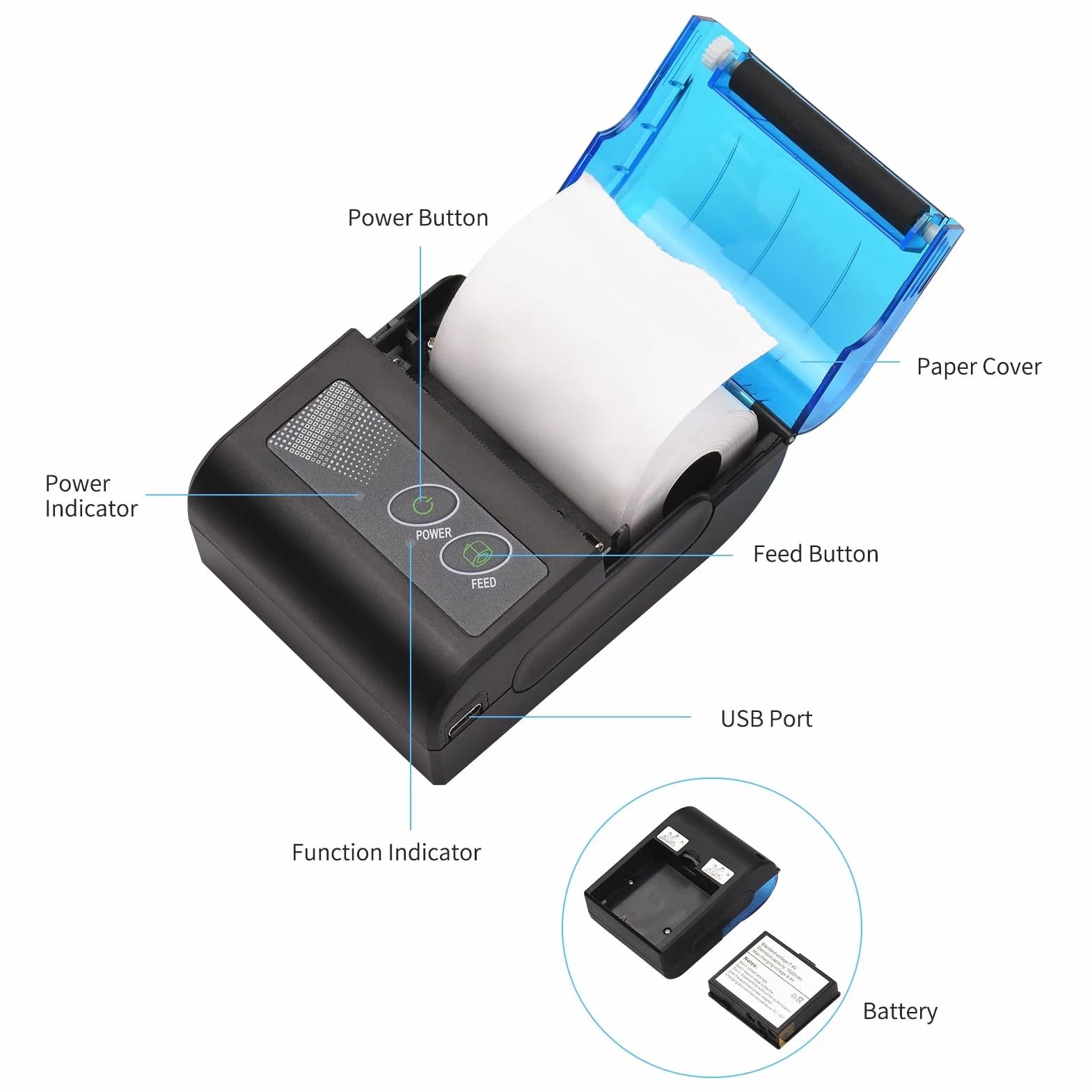Mini imprimante thermique portable sans fil 58 mm compatible Android Windows