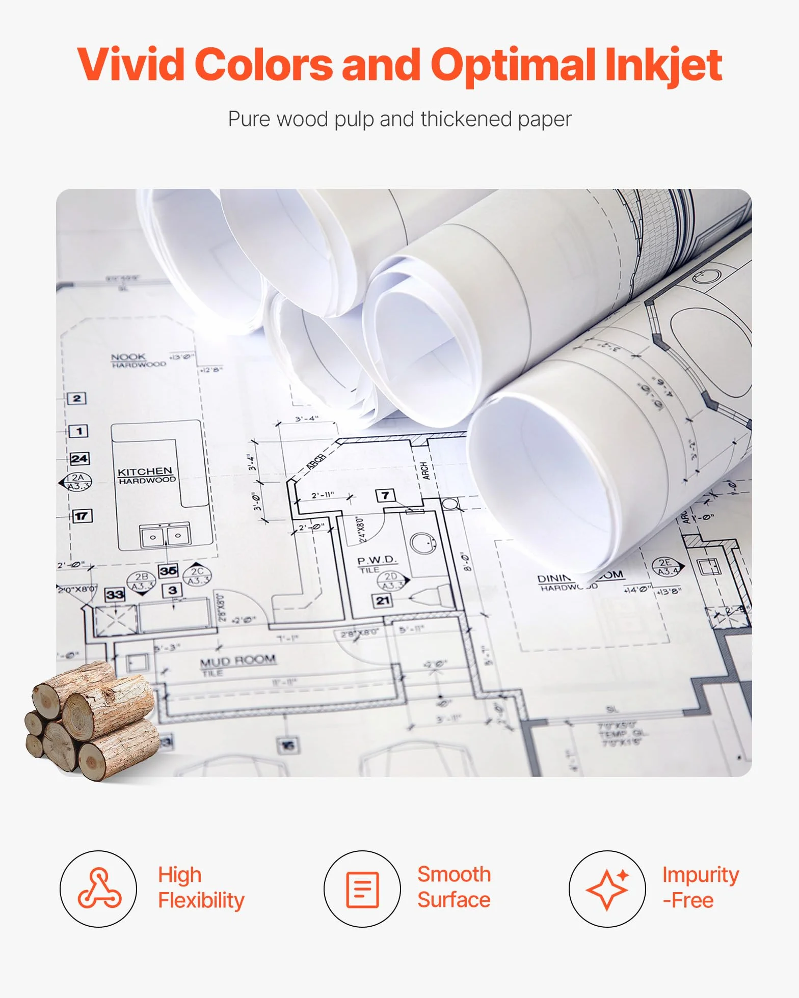 VEVOR Rouleau de papier à dessin blanc grand format 609,6 mm x 45,7 m lot de 8 rouleaux pour traceur CAO