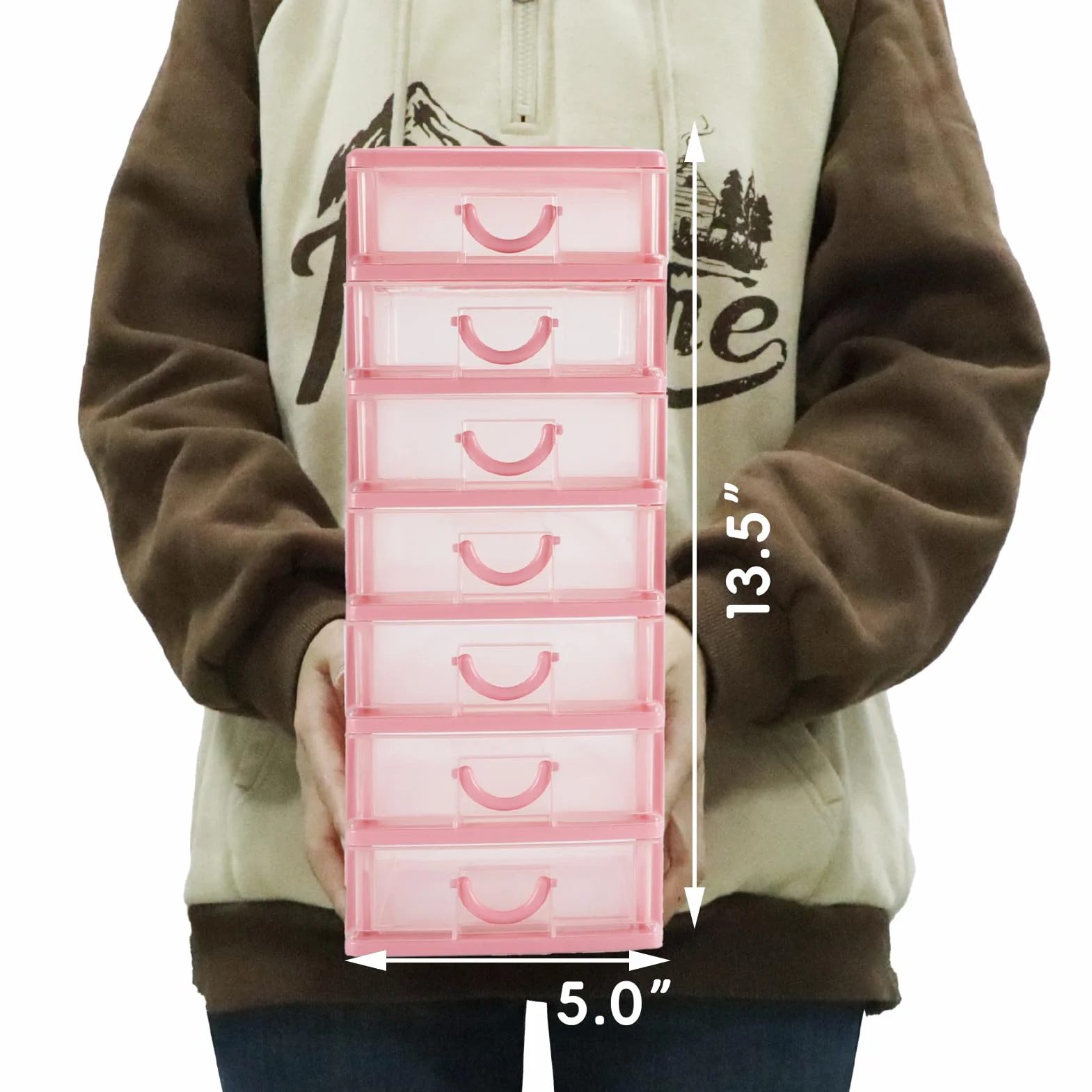 Mini organiseur en plastique 7 tiroirs transparents rangement bureau 18 x 13 x 33,5 cm rose