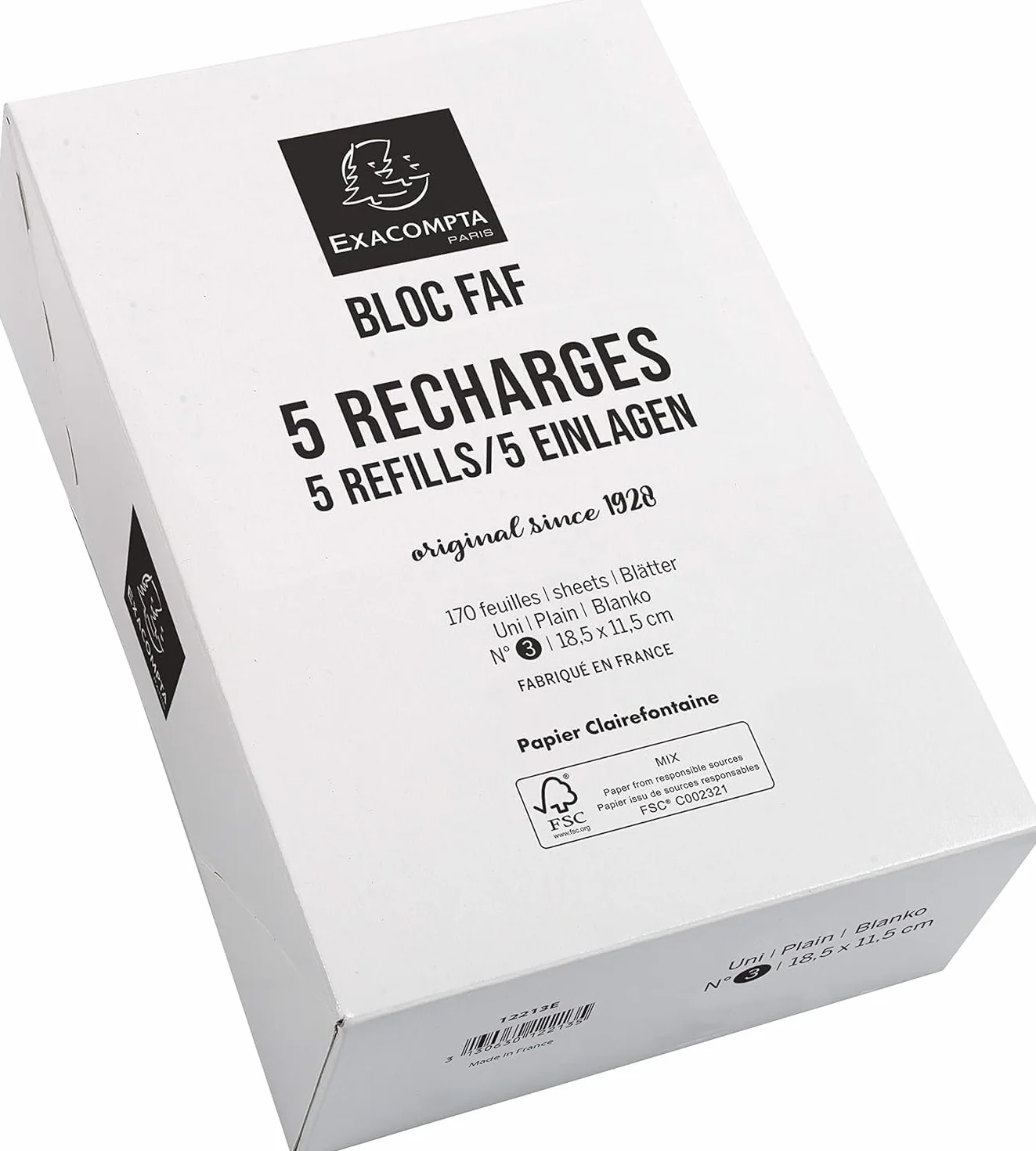 Exacompta Boîte 5 recharges bureau bloc FAF 170 feuilles blanches microperforées détachables 18,5 x 11,5 cm Format N° 3 uni blanc