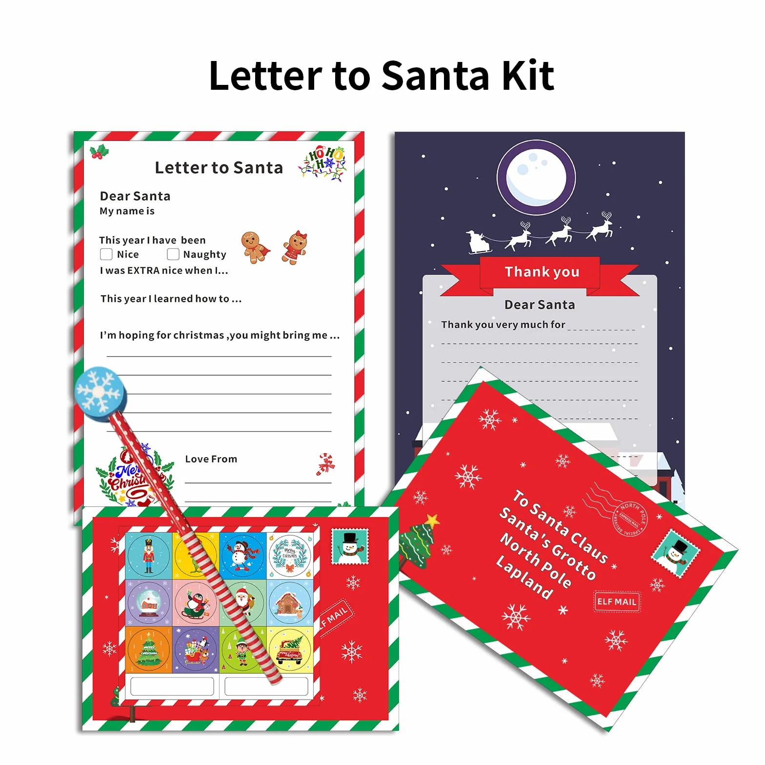 Lot de 8 pièces Kit lettre au Père Noël pour enfants avec autocollants et crayon