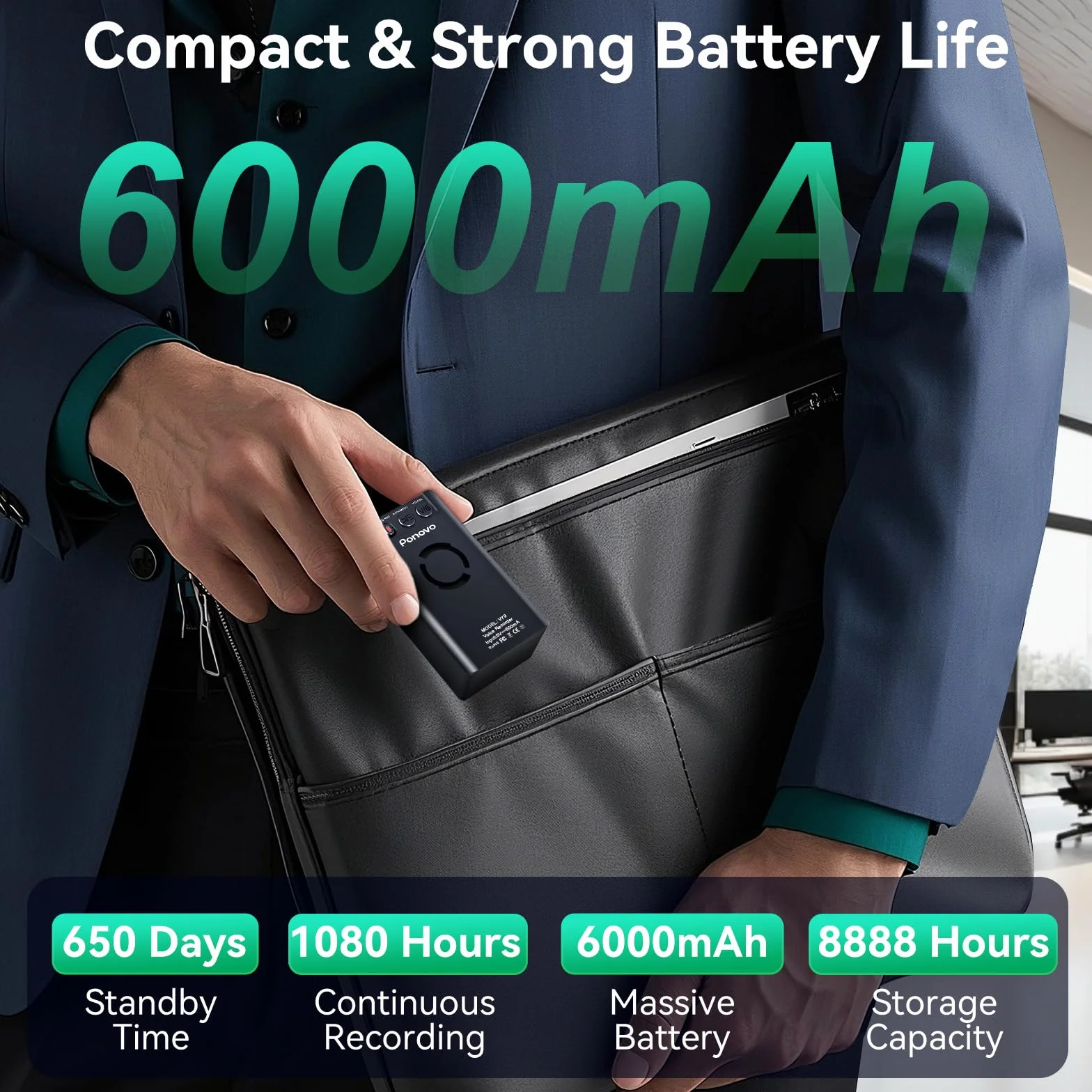 Enregistreur Vocal Numérique Magnétique 64Go, Ponovo Activation Vocale 6000mAh Dictaphone Réduction Bruit
