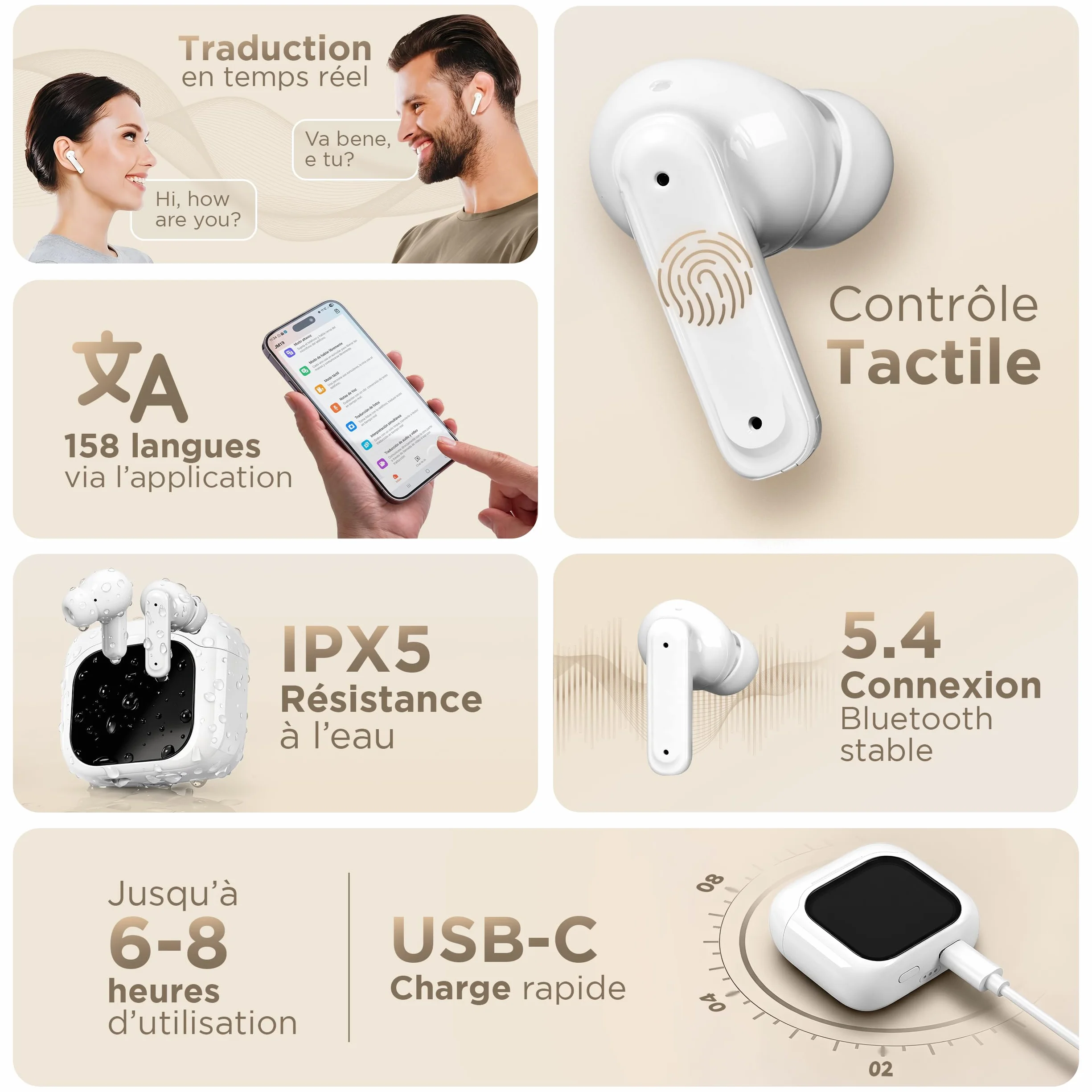 Traducteur Vocal Instantané IA 158 Langues - Écouteur Traduction Temps Réel iOS Android ANC Boîtier Écran Tactile