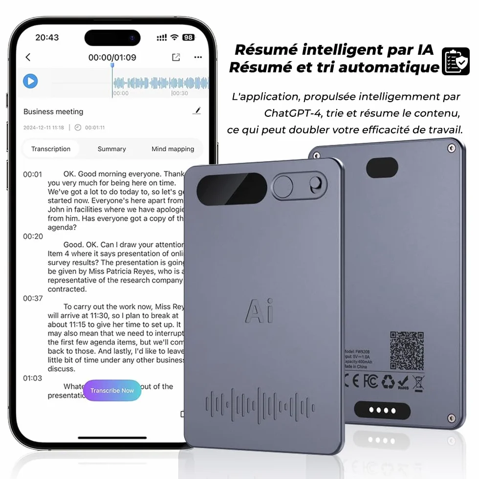 Micro Espion Enregistreur Vocal IA Dictaphone Numérique 35 Heures Transcription Résumé Conférences Réunions Appels Étui Inclus