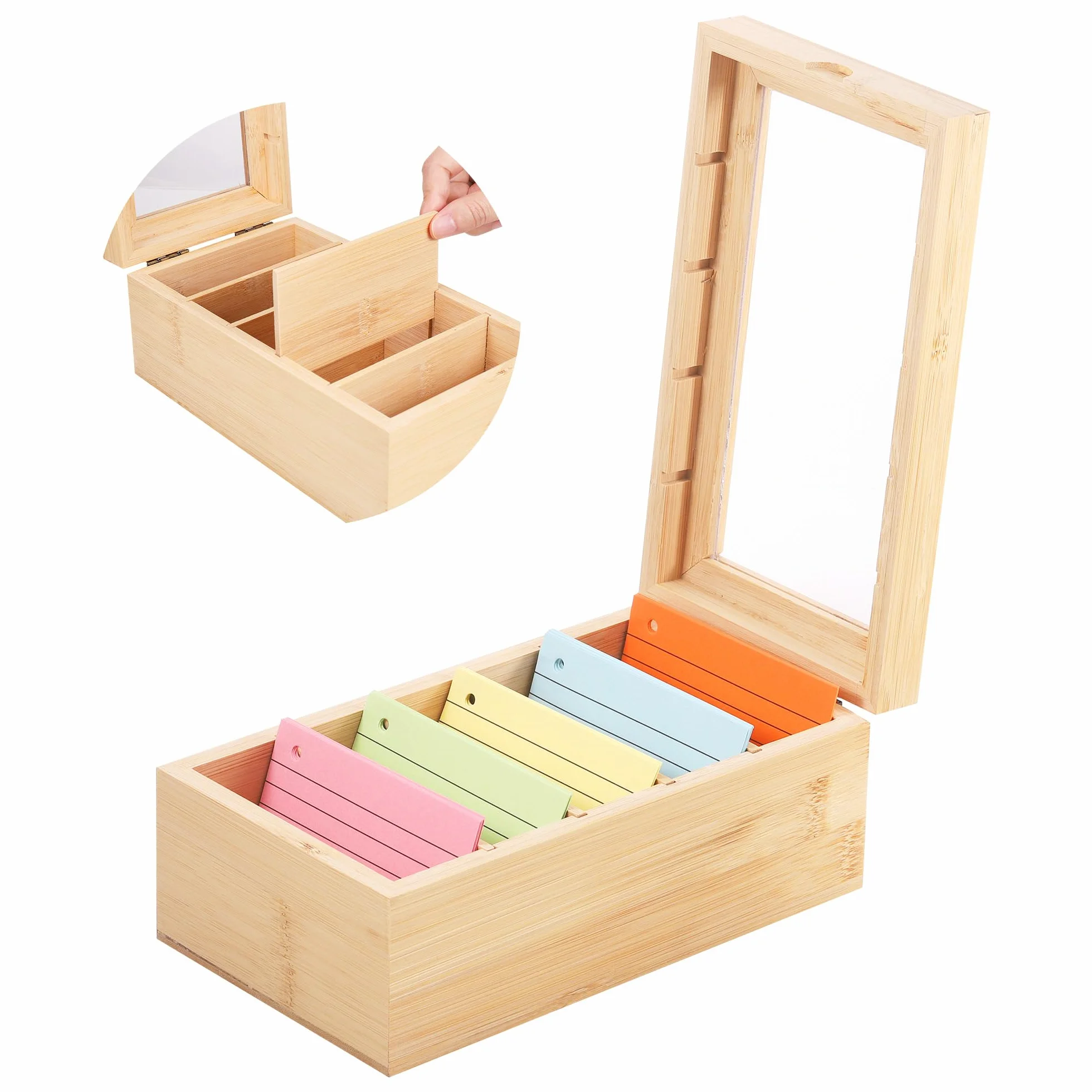 Boîte à Fiches en Bois avec Couvercle Transparent 5 Compartiments Ajustables 22x13x9 cm pour Fiches A7