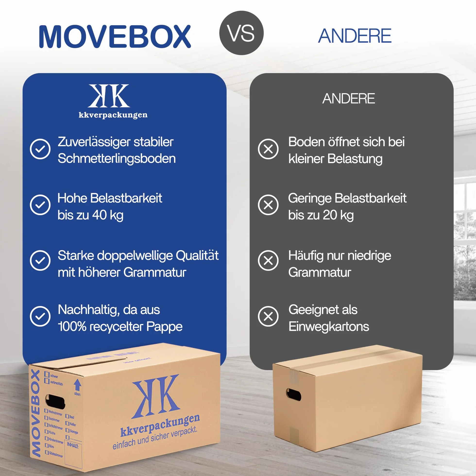 Boîtes carton déménagement stockage 634x290x326 mm 40 kg capacité charge avec poignées réutilisables