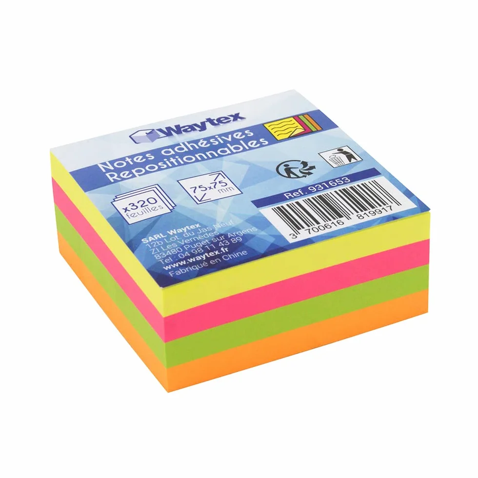 Bloc note repositionnable 4 couleurs neon 320 feuilles 75x75mm