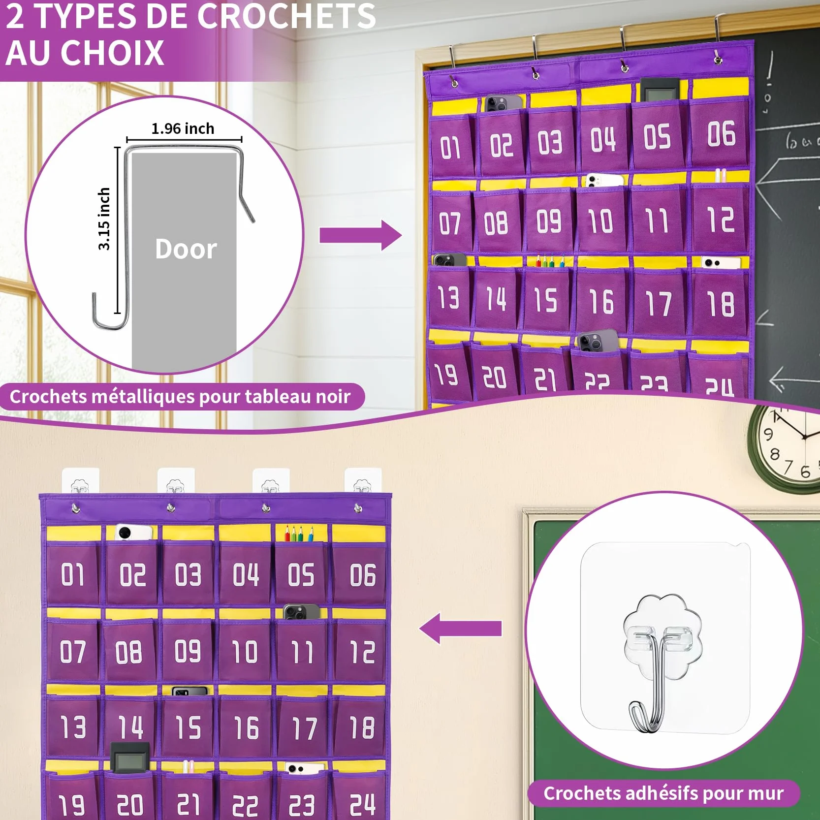 Tableau de classe numéroté 36 poches organiseur mural avec crochets pour téléphone et calculatrice Noir