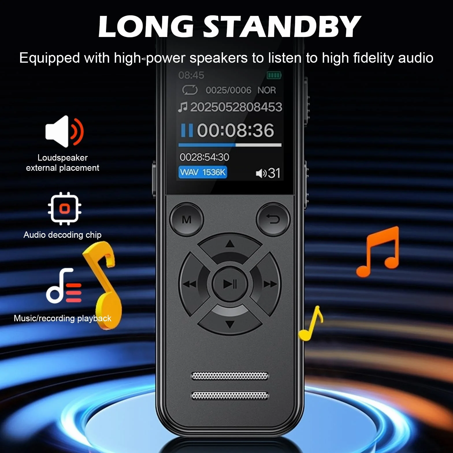 Dictaphone Enregistreur Vocal 64 Go Mini Audio Numérique 1536 Kbps Écran TFT USB-C Rechargeable