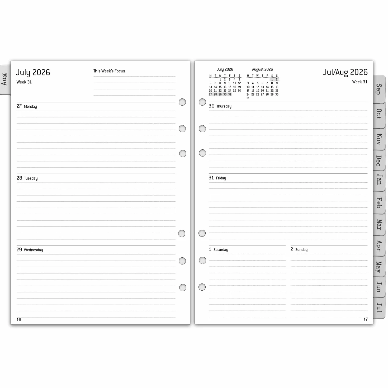 Agenda semainier 2026-2027 A5 6 trous 1 semaine sur 2 pages 100 g/m² recharge calendrier 153 x 21 mm