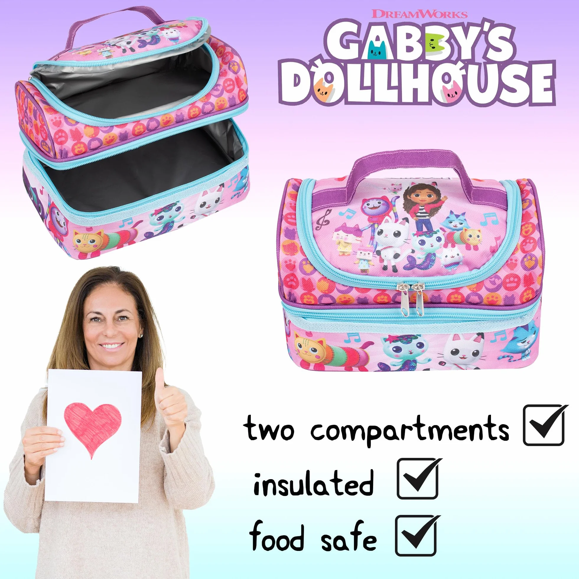 Gabby's Dollhouse Sac à déjeuner enfant isotherme grande capacité rose