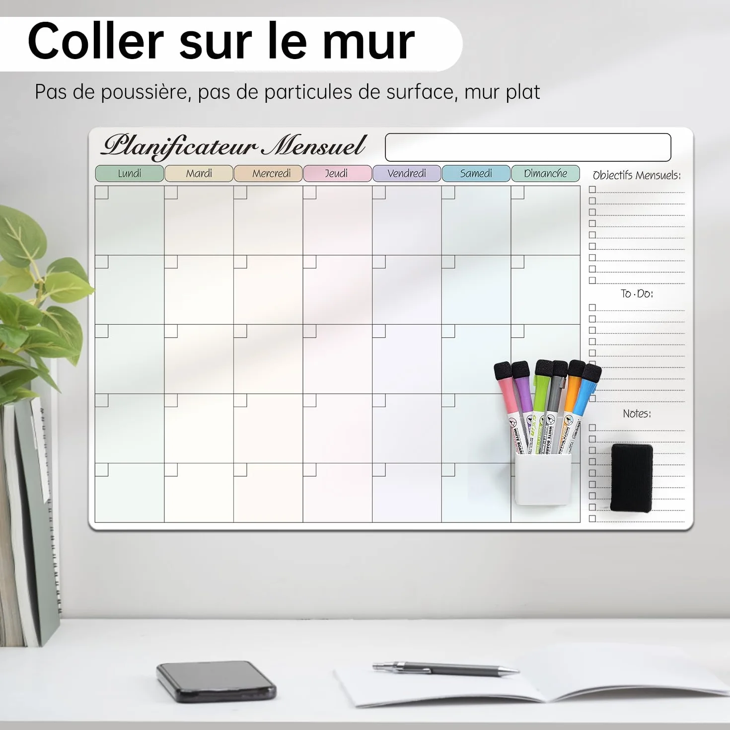 MCCORL Calendrier Adhésif Tableau Blanc Planning Mural 60x40 cm, Planificateur Mensuel/Semainier Effaçable en Français