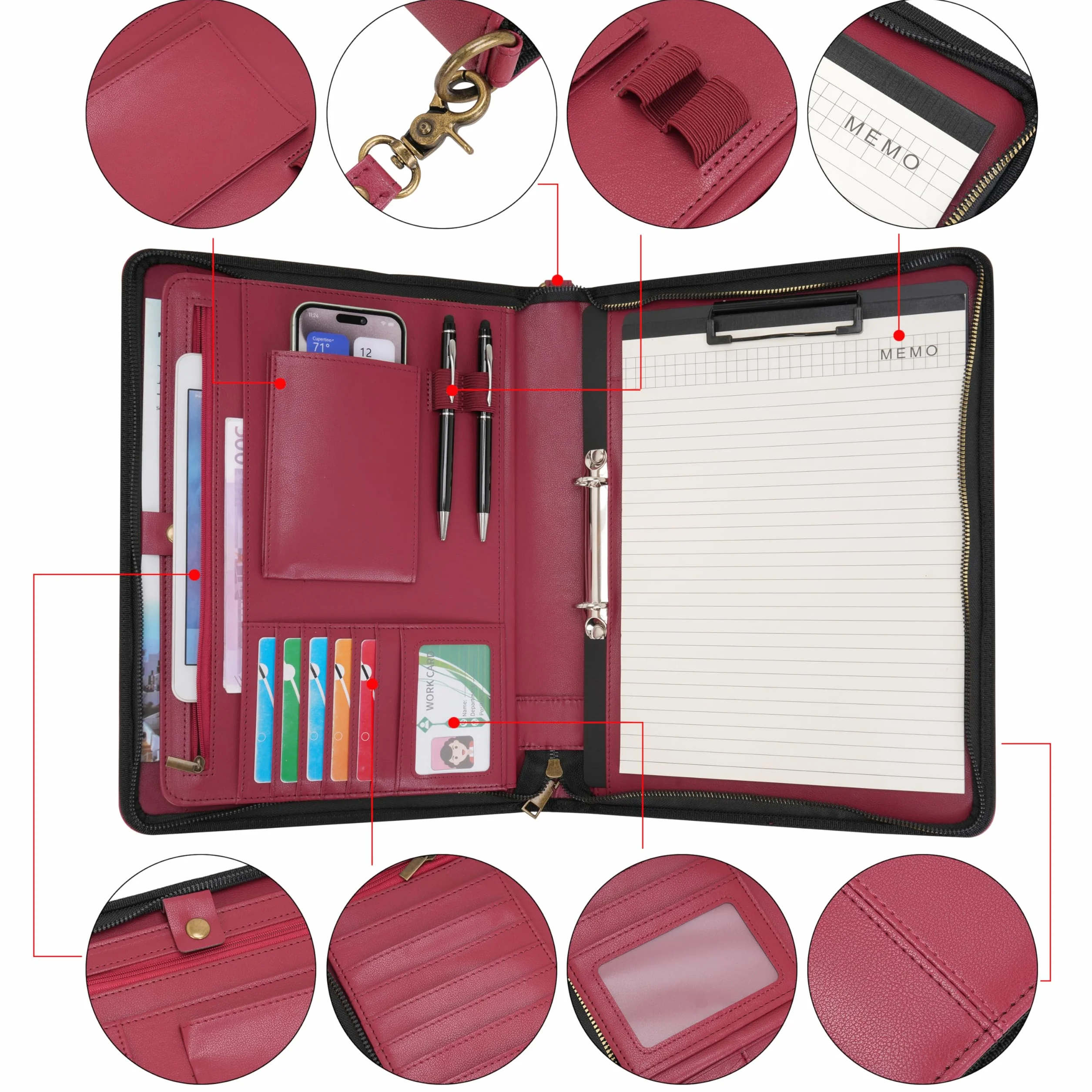 Wason Porte-documents A4 Cuir PU Fermeture Éclair Padfolio Classeur Anneaux Détachable Support Bloc-Notes Organiseur Conférence Rouge
