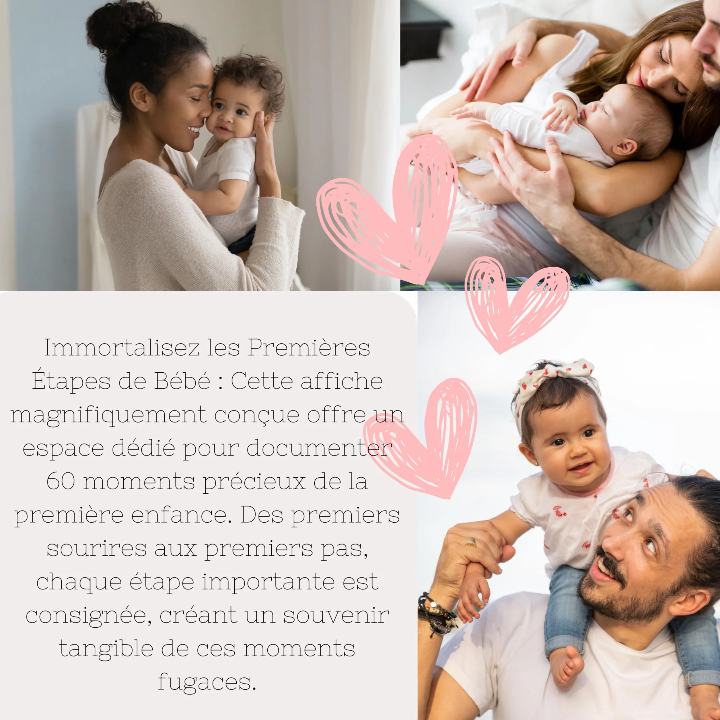 Affiche Souvenir Premières Étapes Bébé, 60 Moments Précieux, Papier Premium 350g