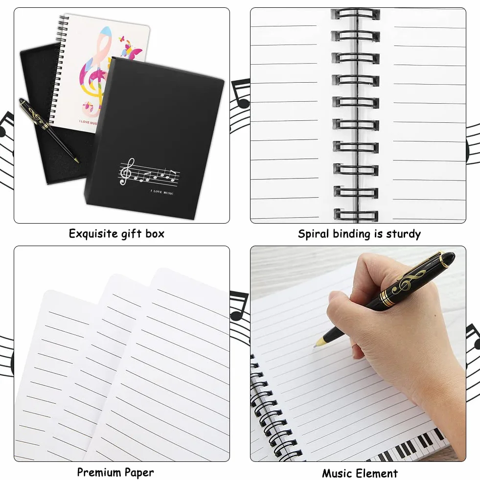 Boerni Musique Piano Melody Thème Papeterie Coffret Cadeau, Piano Wirebound Journal avec Treble Clef Design Roller Ball Pen